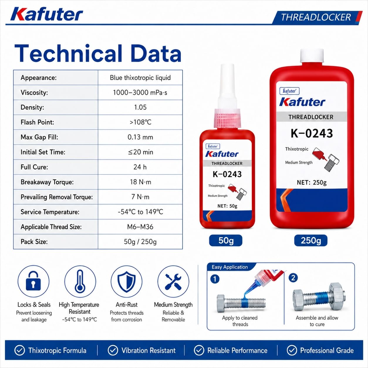 VIDOO Kafuter K-0243 Sellador Carcasa Cojinete Antiaflojamiento, Masilla Selladora Fisuras para Sistemas Tuberías a Prueba Óxido, Gel Rosca Removible Maquinaria Laboratorio, 250g