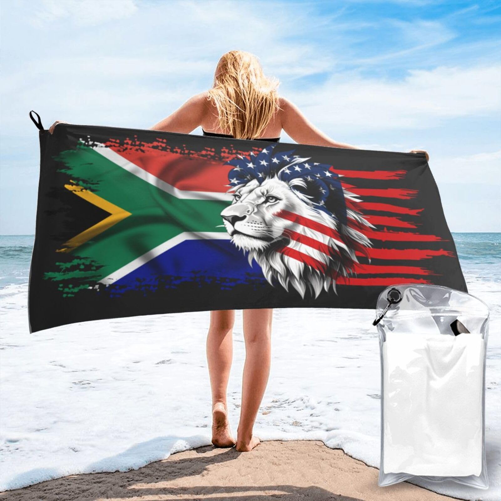 HACXZ Large Camping Towel America Flag and South Africa Flag Bathroom Beach Towels Microfiber Beach Towel