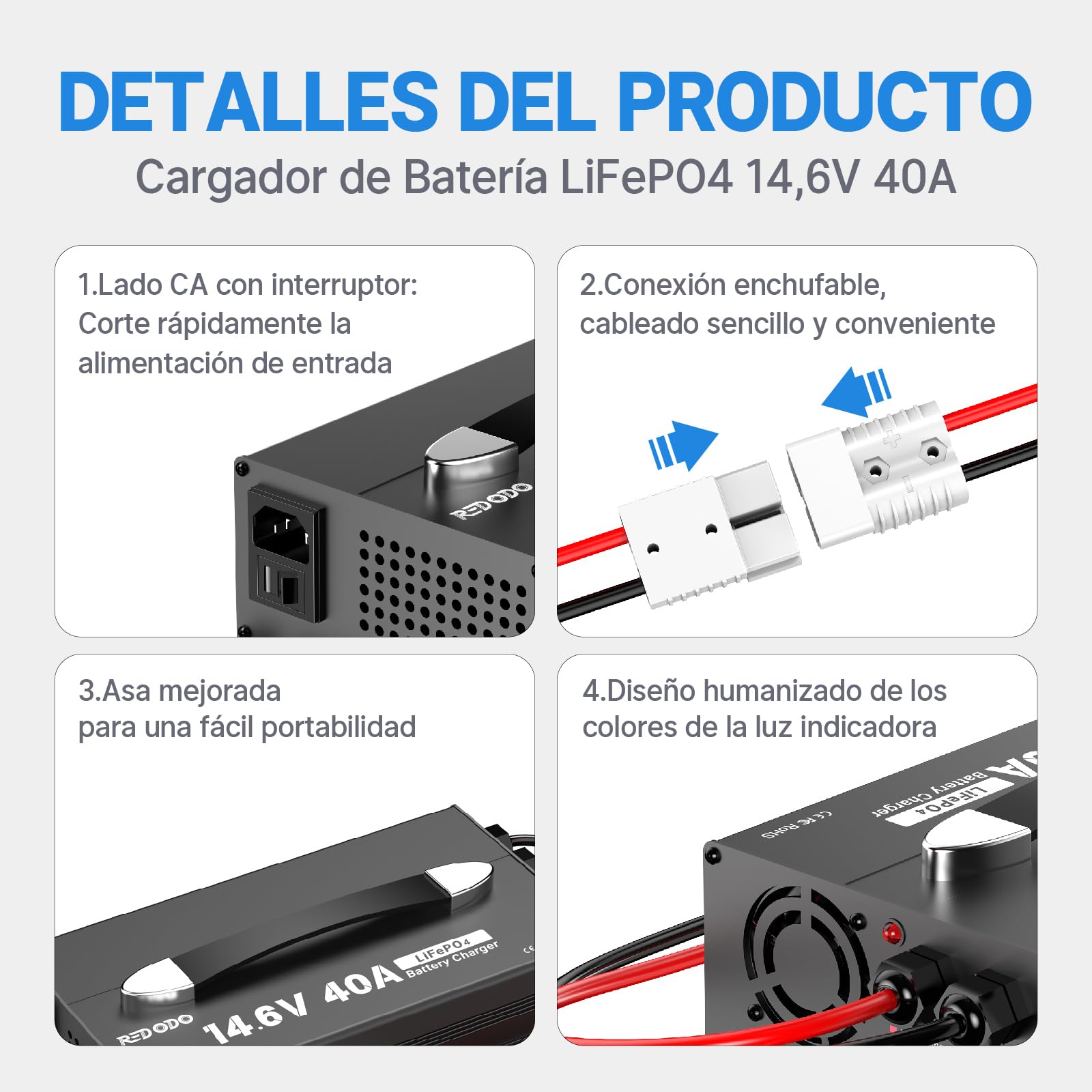 Redodo 14,6V 40A LiFePO4 Cargador de Batería, Cargador de Batería LiFePO4 Dedicado, Diseño Compacto y Duradero con Protección Completa, 12V LiFePO4 Baterías