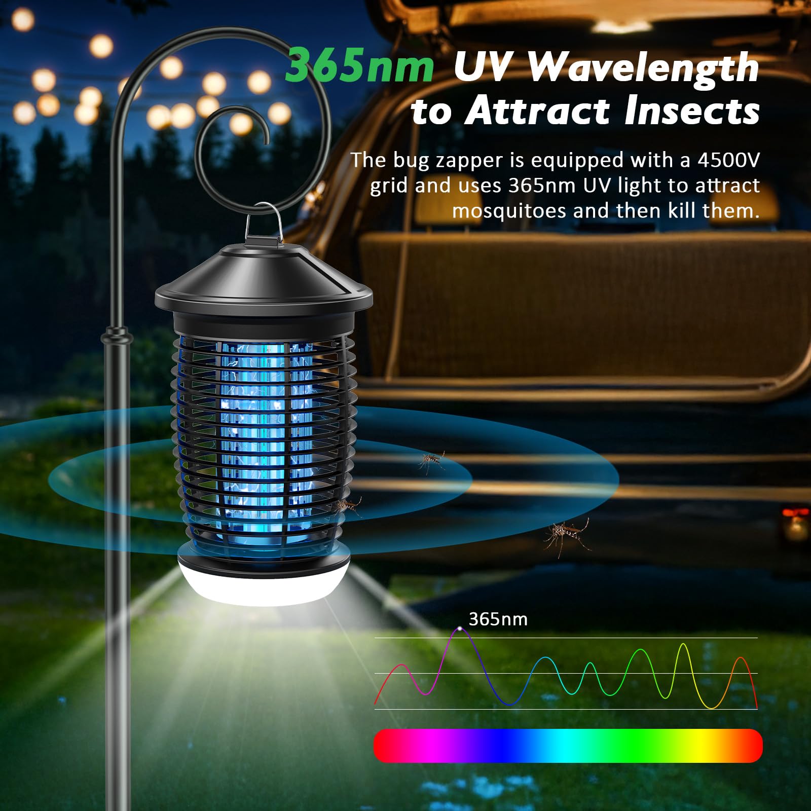 PALONE Lampa na komary elektryczna 4500V, 20W UV + 9W LED, 3m kabel - Bezpieczna siatka do kuchni/ogrodu