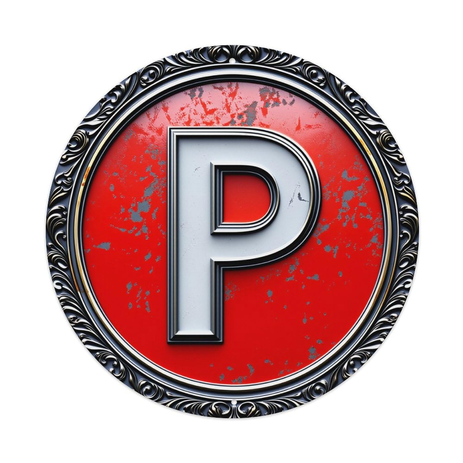 Wmlzdnwr Vintage Red Background Silver Letter P Ornate Pattern Round Tin Sign,Retro Wall Art,Metal Poster For Home, Bar, Garage, Cafe, Rustic Indoor & Outdoor Decor, 8X8 Inches