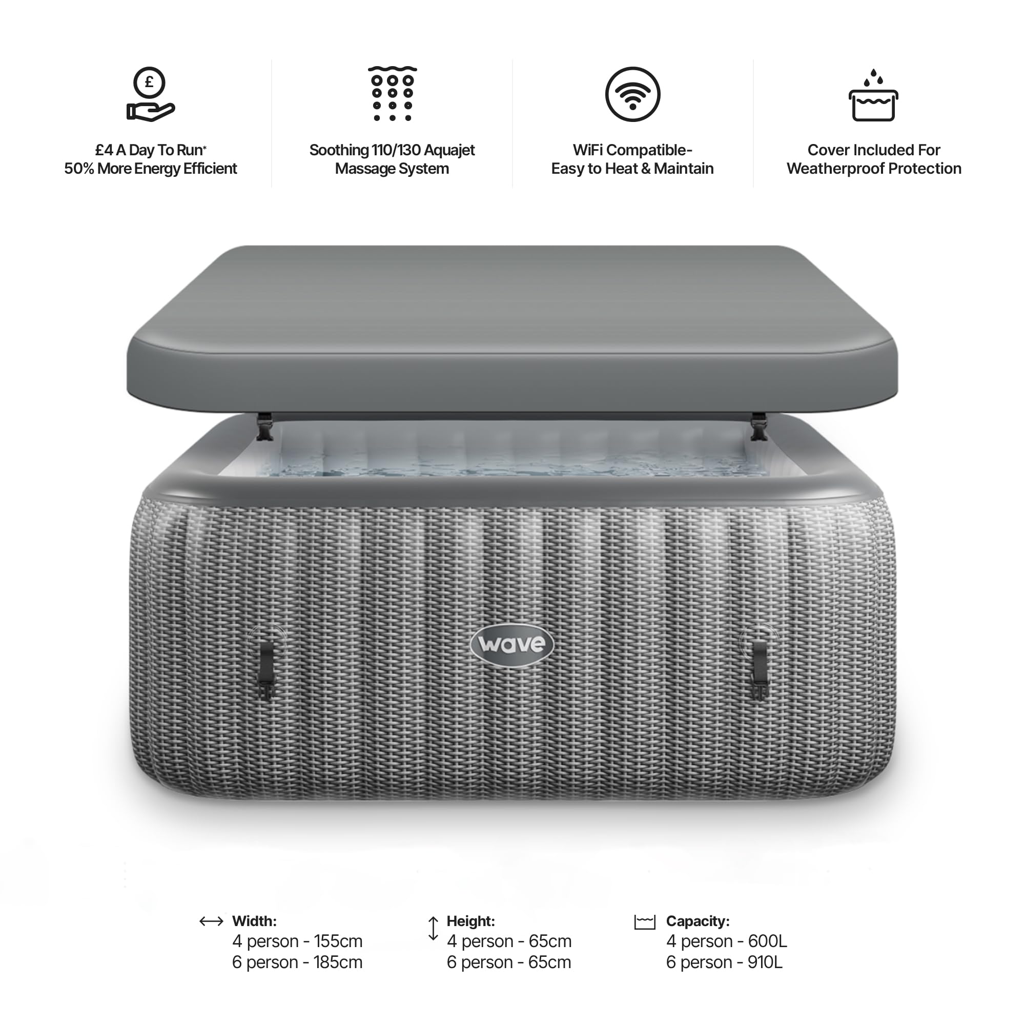 Spa Gonflable Wave | Chauffage écologique intégré | Système de Massage Aquajet | Protection antigel | Configuration Rapide en 15 Minutes (Pacific, Rotin Gris | 6 Personnes)