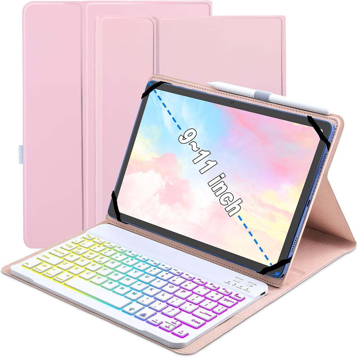 Universal Keyboard Case for 9.7",10.1",10.2",10.5",10.9",11" | Tablets iPad Samsung Fire Pixel Android 10.1 inch , 7 Color Rainbow Backlit Removable Keypad with Pen Holder (Pink)