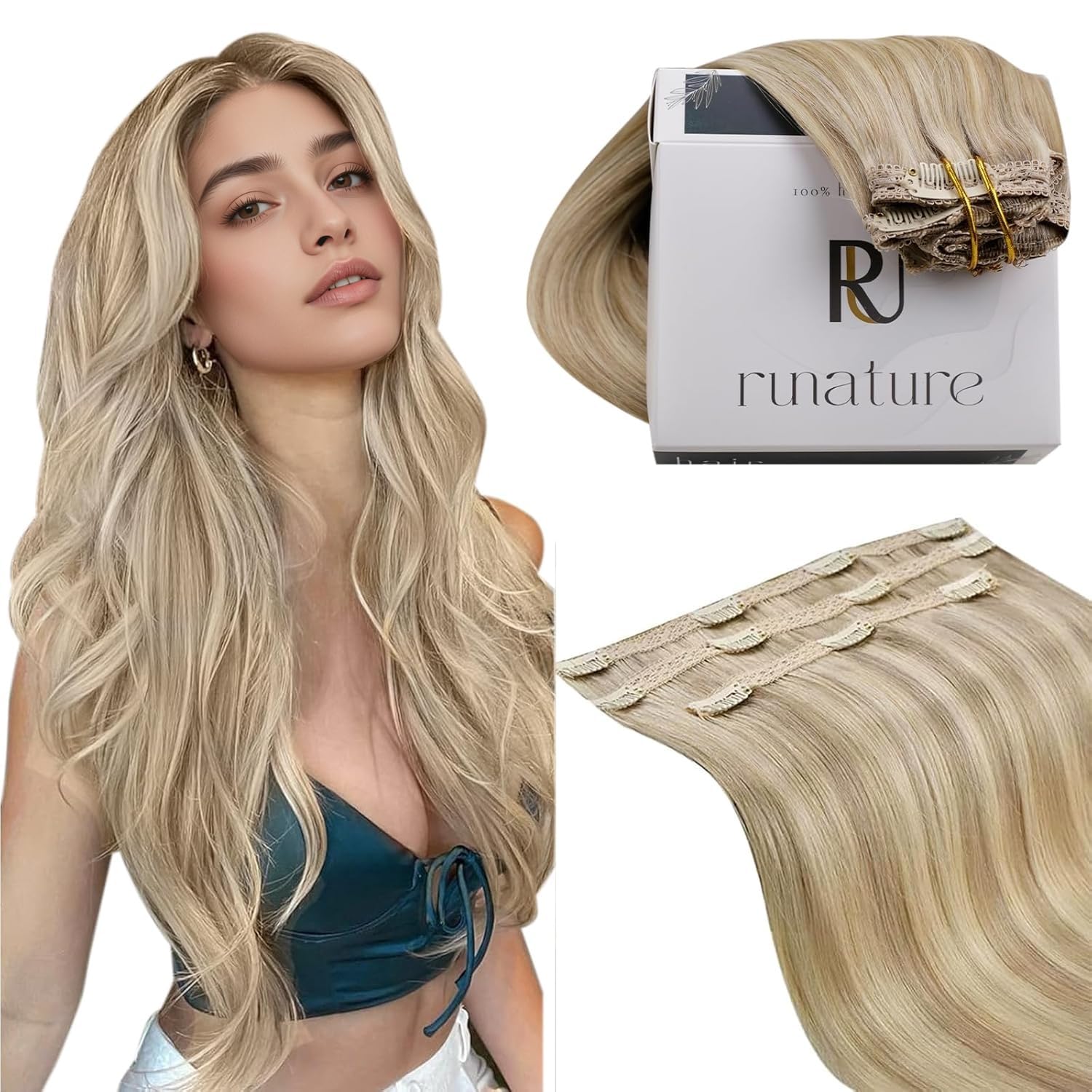 RUNATURE Clip in Hair Extensions Real Human Hair 20 Inch Clip Hair Extensions Blonde Balayage Dark Blonde Invisible Straight Hair Clip 50g #16/22