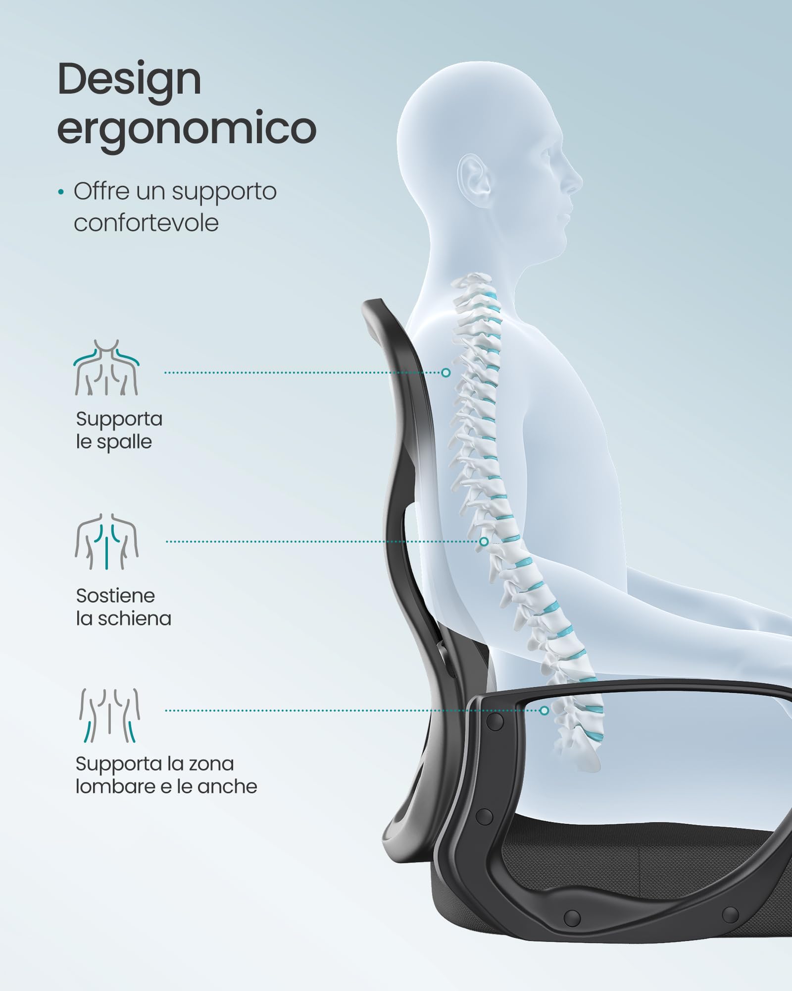 SONGMICS Sedia Ufficio Ergonomica, Sedia Scrivania Girevole in Rete, Supporto Lombare, Funzione Oscillante, Braccioli, Studio Camera da Letto, Nero Inchiostro OBN043BH02