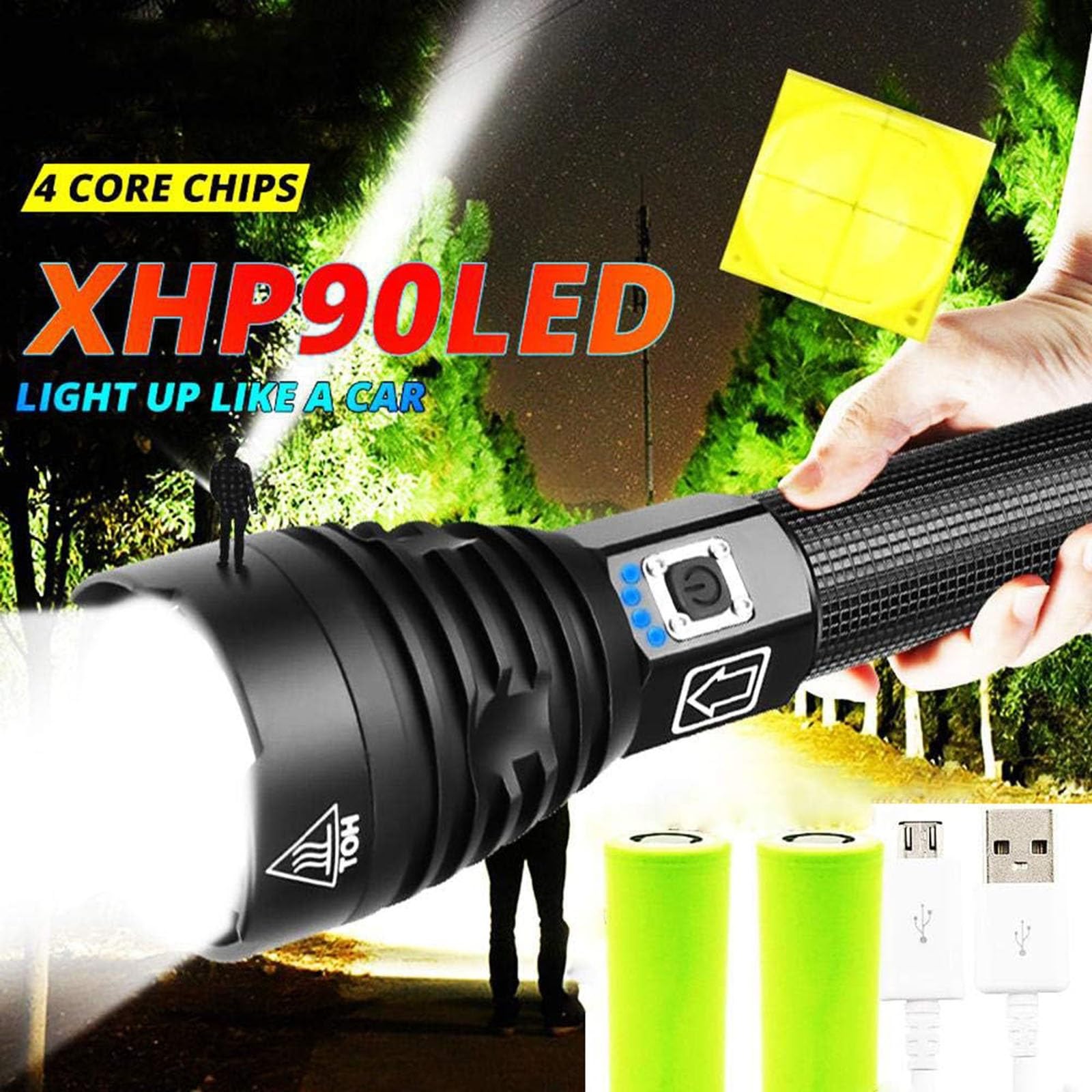 WURF XHP90 Latarka LED, 100000 lumenów, wysoka wydajność, bateria USB 26650 z możliwością ładowania, 3 tryby powiększania, wodoodporna IPX-6, do użytku na świeżym powietrzu, latarka awaryjna.