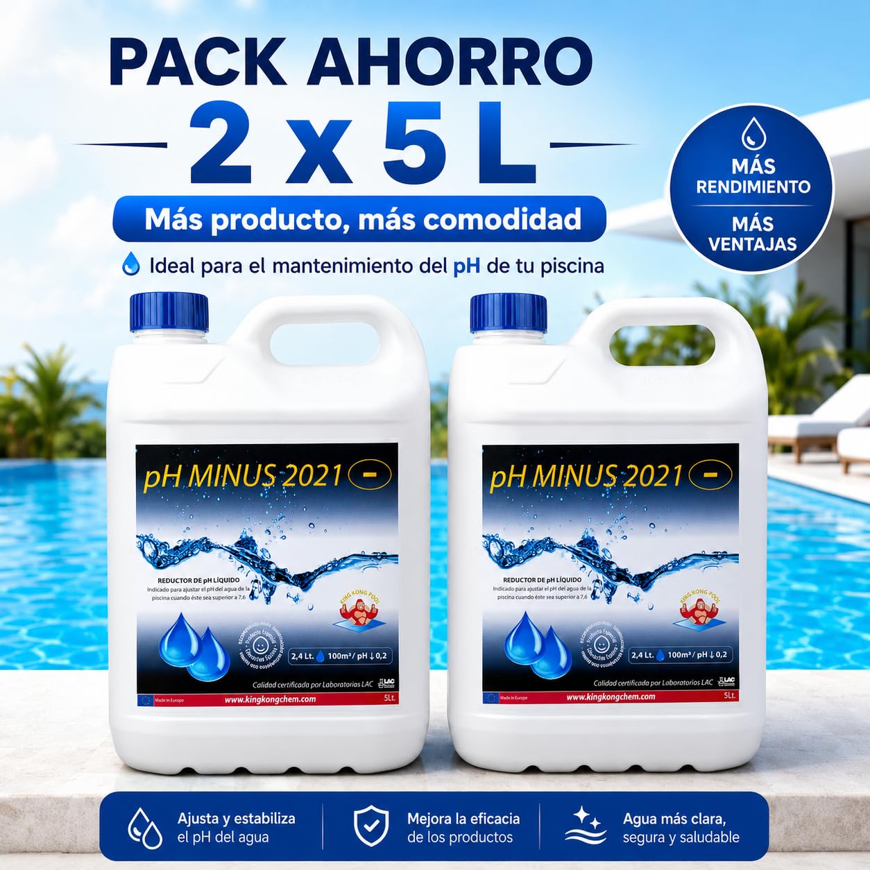 Pack 2 UDS Minorador de pH para Piscinas Compatible Poliester/Liner y electrólisis - PH Minus 10 L (2x5 litros) - Reduce el pH del Agua – Formato Líquido
