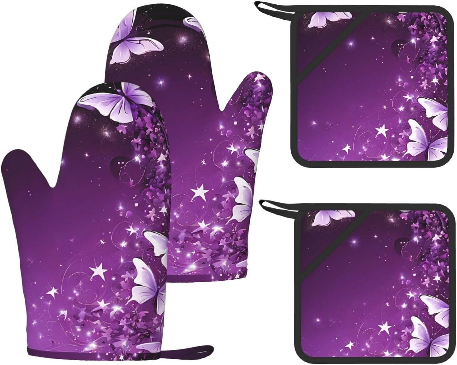 Lovely Purple Butterfly 4pcs Oven Mitts and Pot Holders Sets for Kitchen, Silicone Oven Gloves Non-Slip Potholders Hot Pads for Baking Cooking