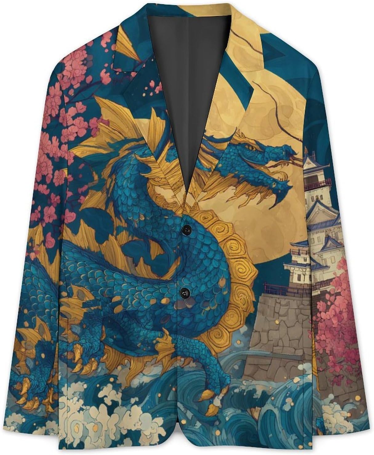 Chinese Dragon Moon Trendy Men's Two Button Suit Funny Casual Slim Fit Blazer Coat Tuxedos Jackets