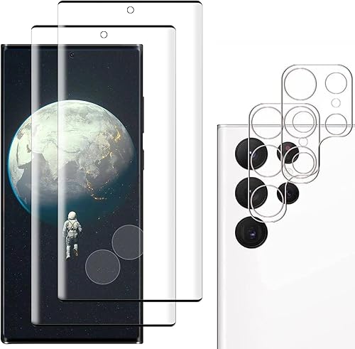 Paquete de 2 + 2 protectores de pantalla para Galaxy S23 Ultra, paquete de 2 protectores de pantalla de vidrio templado + 2 protectores de lente de