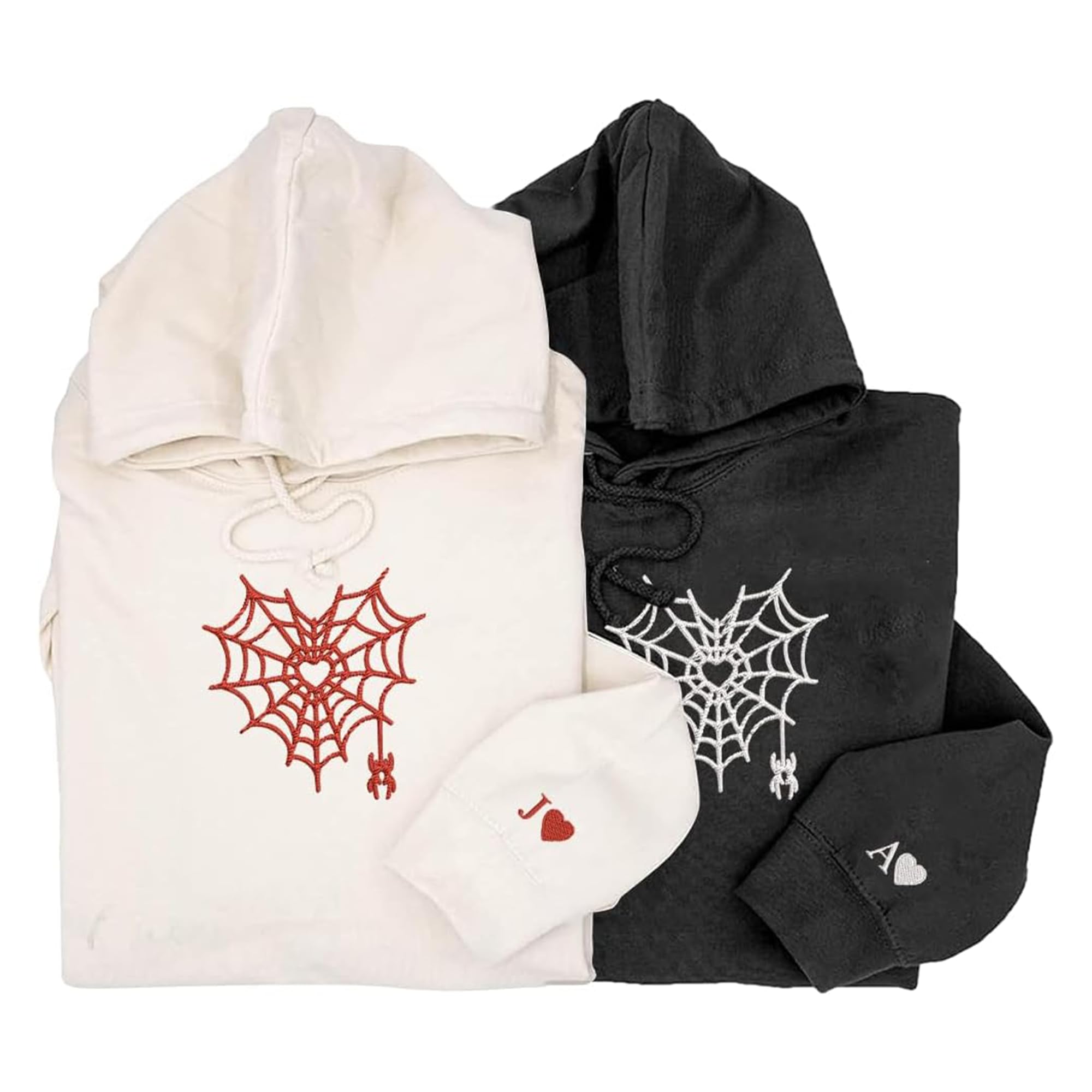 DILYPOD Personalized Couple Hoodies Embroidered Spider Heart, Custom Matching Hoodies for Couples, Valentines