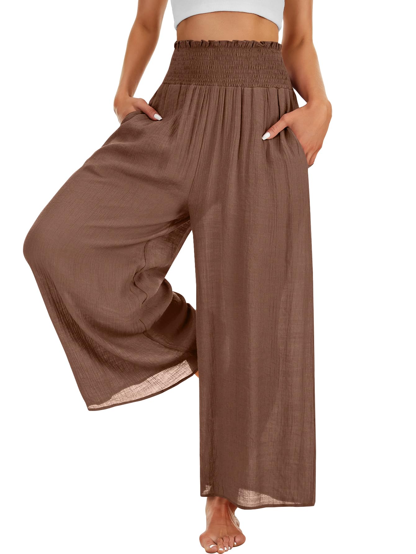 OPOIPIN Womens Smocked High Waisted Lounge Trousers Wide Leg Long Pants with Pockets