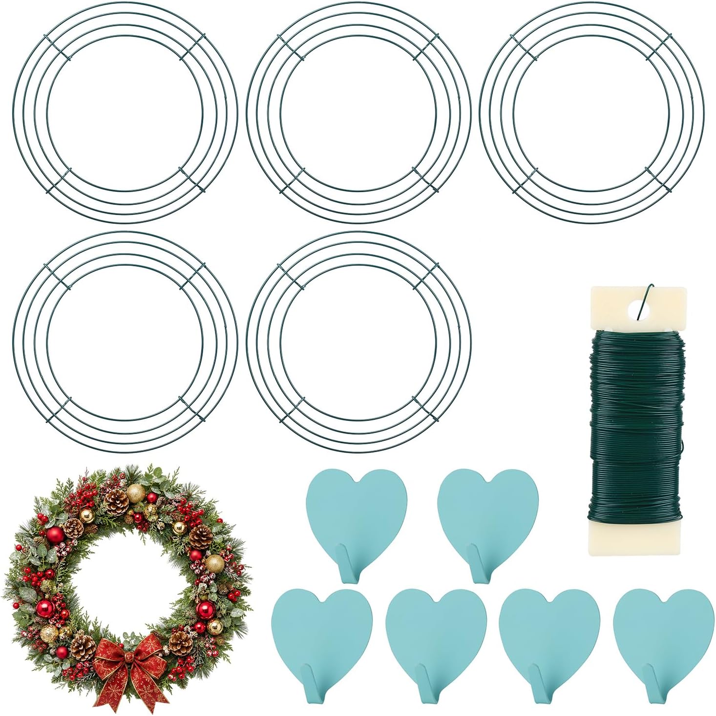 6 Pack Wire Wreath Frame 10 Inches Metal Wreath Rings for Chirstmas New Year Party with 6 Pcs Adhesive Hooks and 38 Yard 22 Gauge Paddle Wire for Crafts