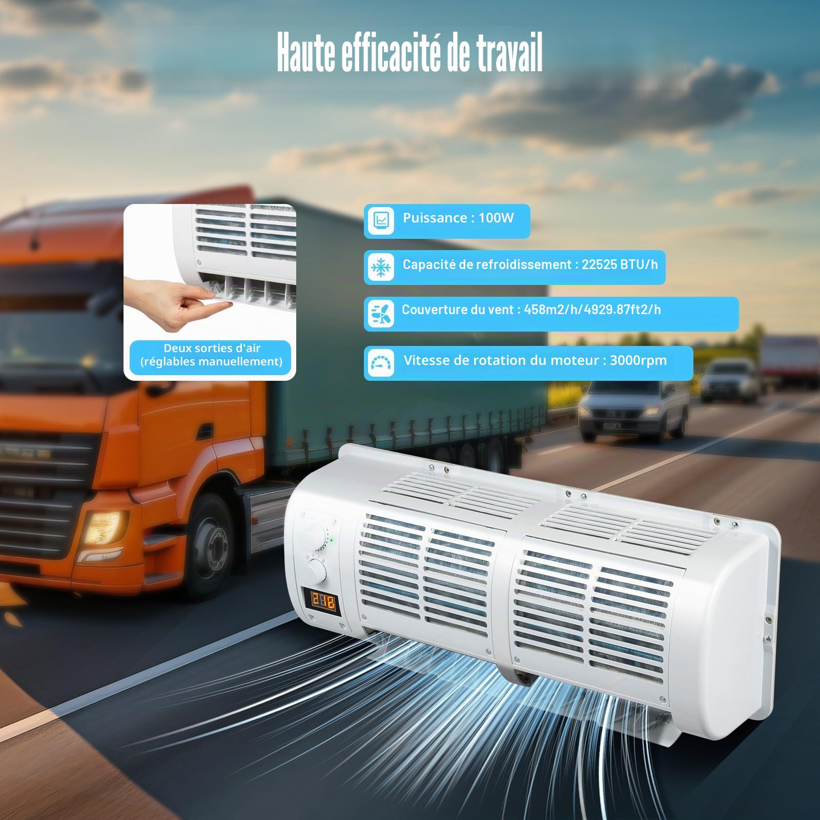 Climatiseur pour Voiture Mural 12V 100 W, Caravane Climatiseur avec écran LCD, 3 Vitesse du Vent et Température Réglables 458m²/h, 22525 BTU/h