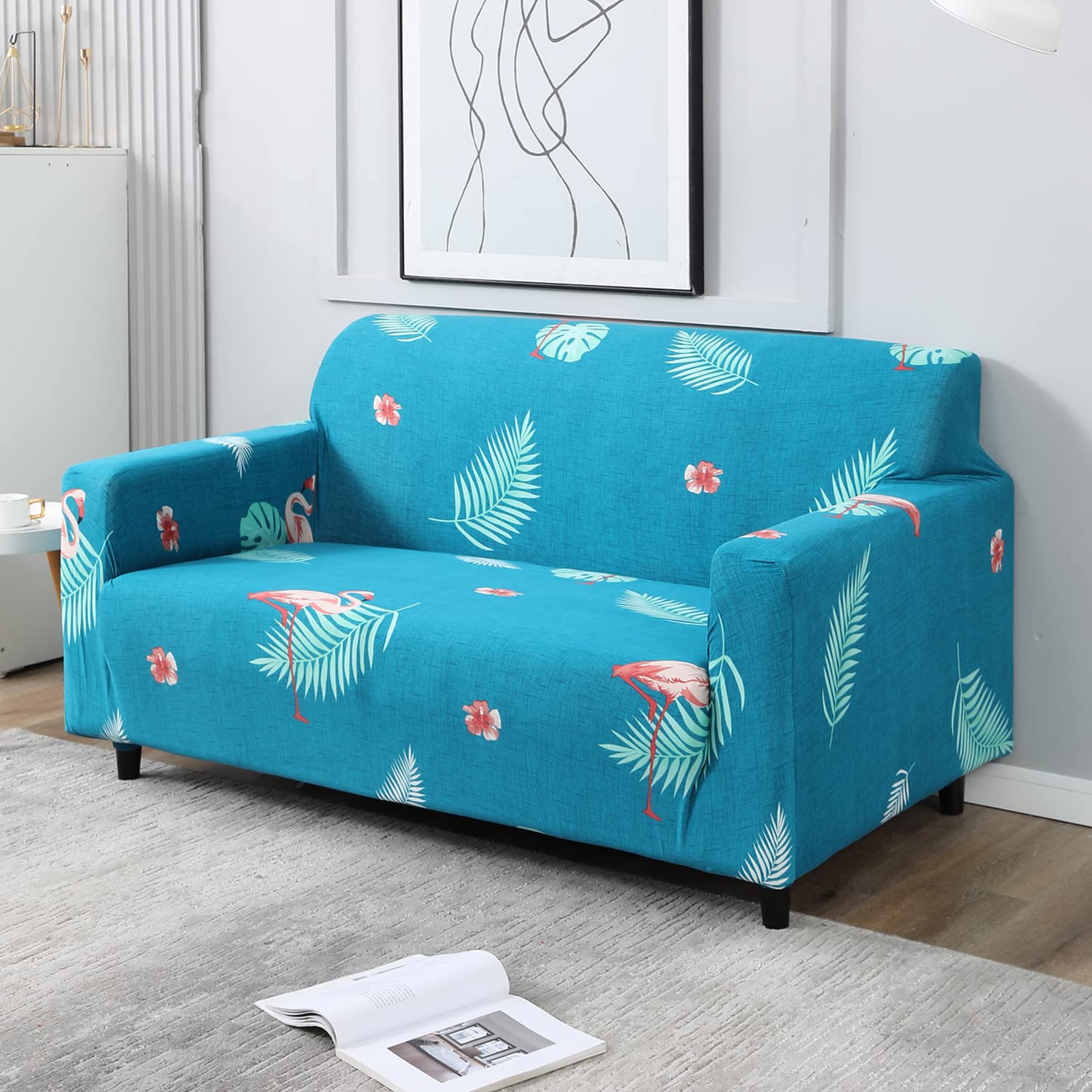HOKIPO 95% Polyester, 5% Spandex Stretchable Elastic Cover for Sofa 2 Seater, Teal Feather (AR-4094-D5)