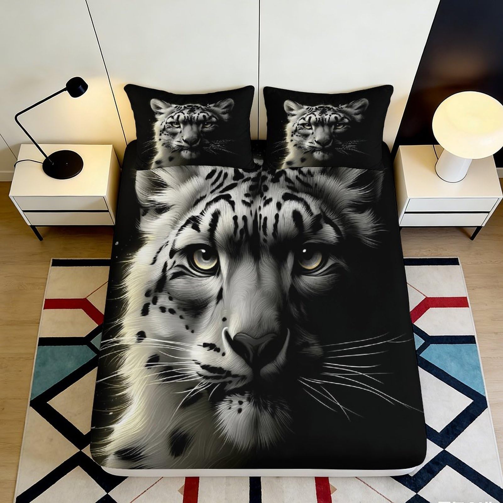 3D Printed Snow Leopard Fitted Sheet Microfiber Black White Tiger Bed Cover for Bedroom Dorm Mattress Protector Decor 160x200x25cm