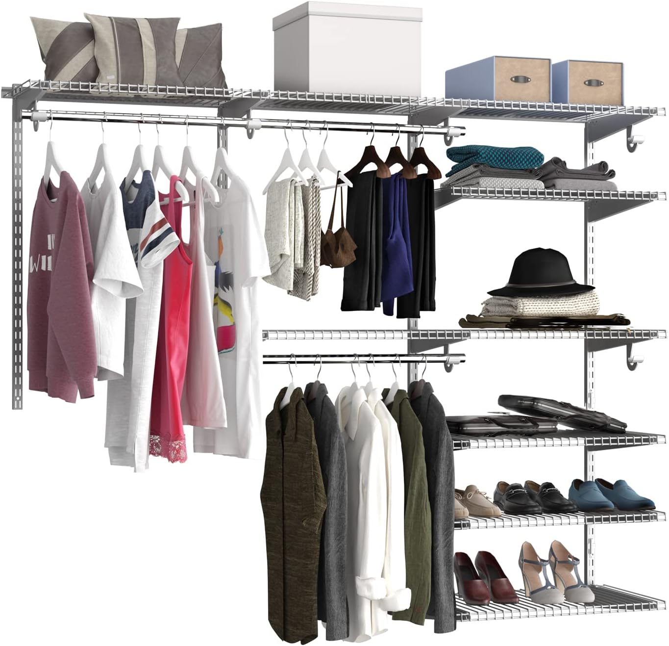 COSTWAY Closet Organiser System, Wall-Mounted Adjustable Metal Rail Garment Rack, Space Saving Clothes Storage Unit for Wardrobe and Bedroom (Grey, 3 Hanging Rods + 8 Storage Shelves)