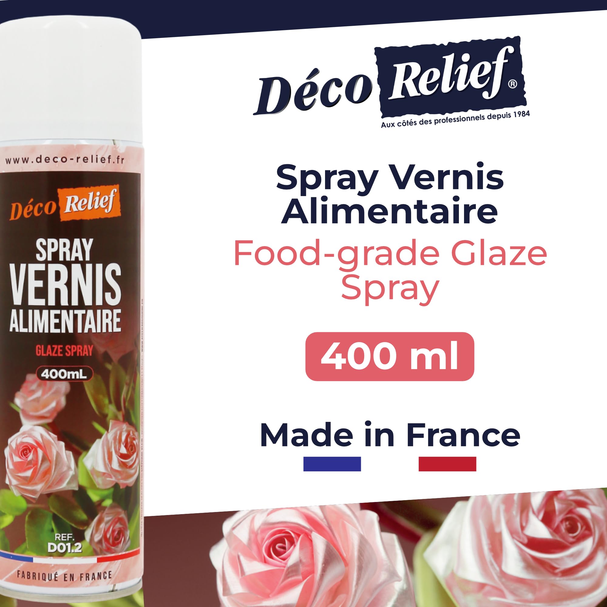Déco Relief - Spray Vernis Alimentaire 400 ml - Fait Briller & Protège de l’Humidité - Pour Chocolats, Pièces en Sucre, Pâte d’Amandes, Nougatine, Tartes - Laque Alimentaire - D01.2.