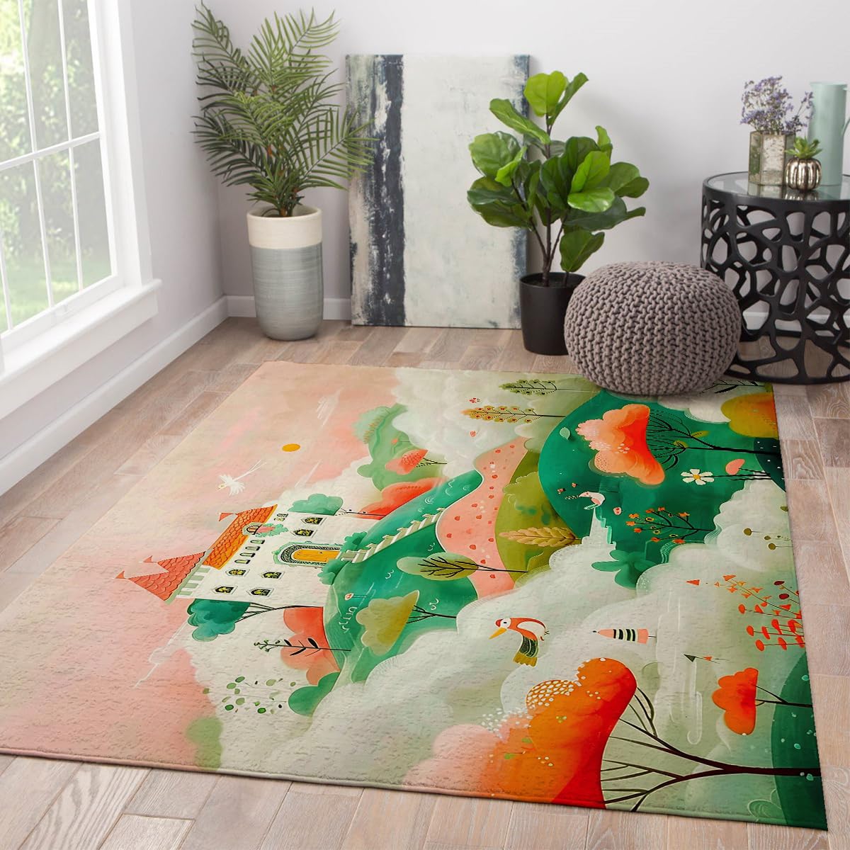 Chambre d'enfant féerique avec le tapis de salon château de dessins animés lavable