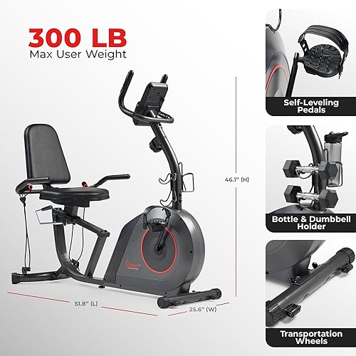 Miniatura 6 de Sunny Health & Fitness Bicicleta reclinada inteligente de alta resistencia con asiento y respaldo acolchados anchos, máquina de ciclismo de interior