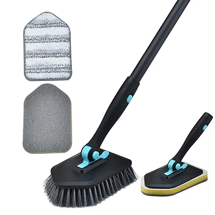 Shower Brush Scrubber with Long Handle 50'' - Detachable Tub and Tile Cleaning Brush with 2 Sponge Heads, 1 Stiff Bristle Brush and 1 Microfiber Pad for Cleaning Bathtub Shower Bathroom (Black)