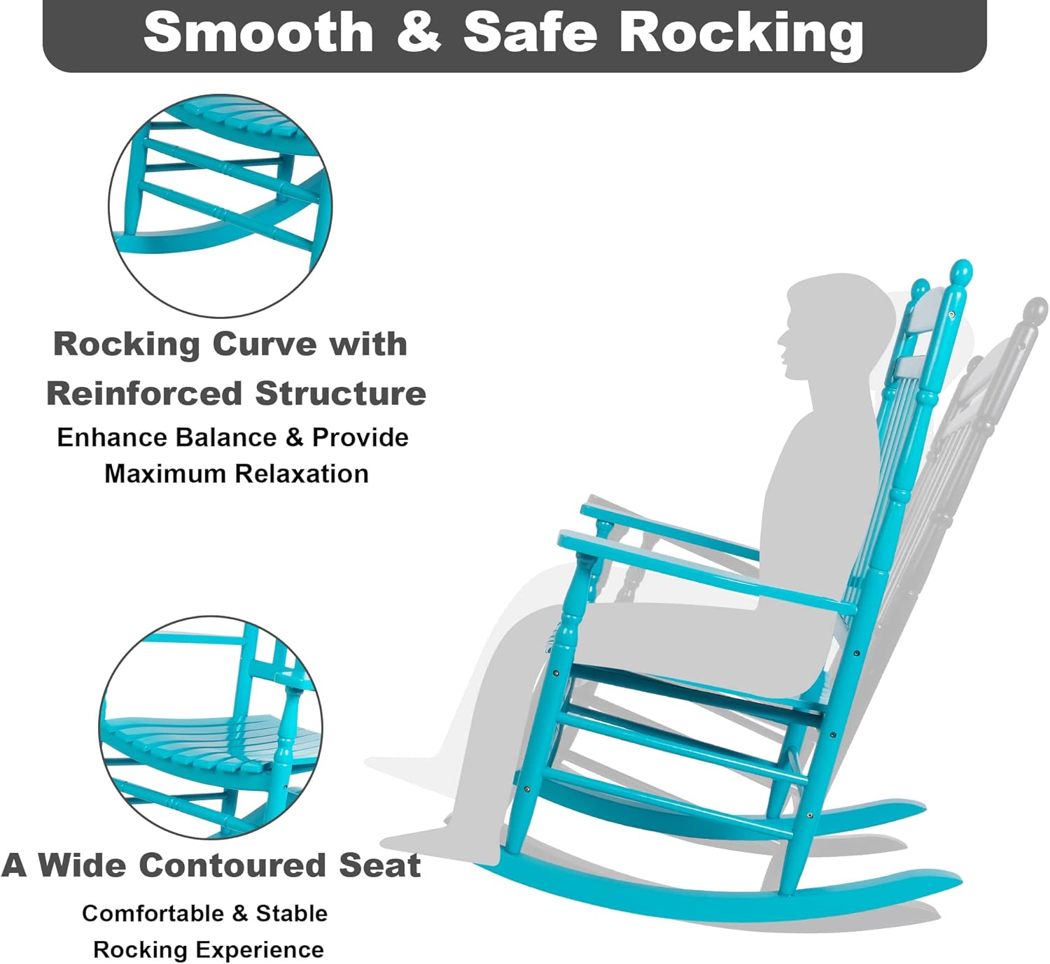 Outdoor Rocking Chairs Set of 2 Rocking Camping Chair Patio Rocker Poly Wooden Extensive Large High Back 350lbs Weather Proof Lawn Chair Arm for Porch Yard Balcony Indoor Outdoor Blue