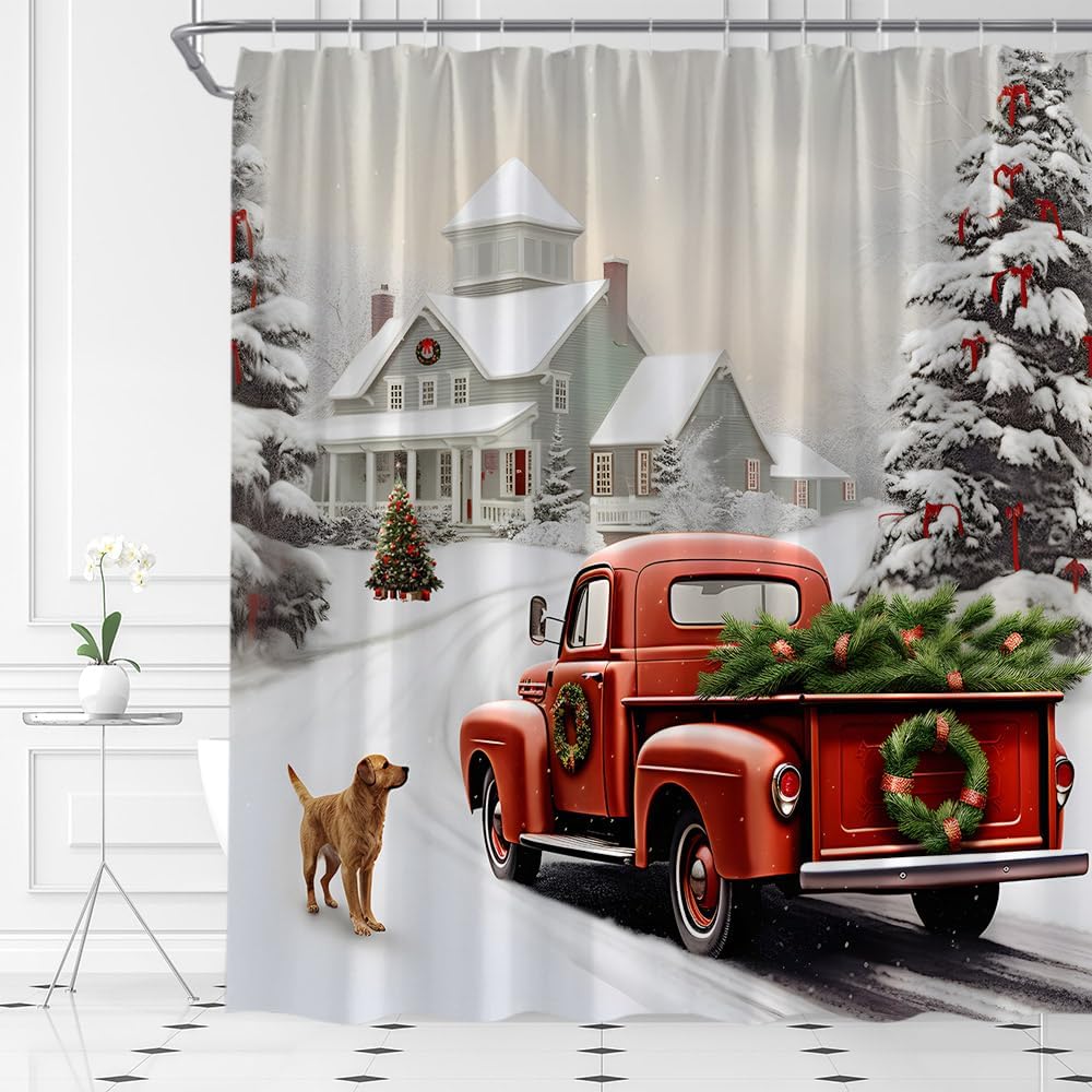 Winter Christmas Shower Curtain Red Christmas Truck Dog Pine Tree Holiday Happy New Year Fabric Bathroom Curtain Set with Hooks(70" Wx74.8 H)