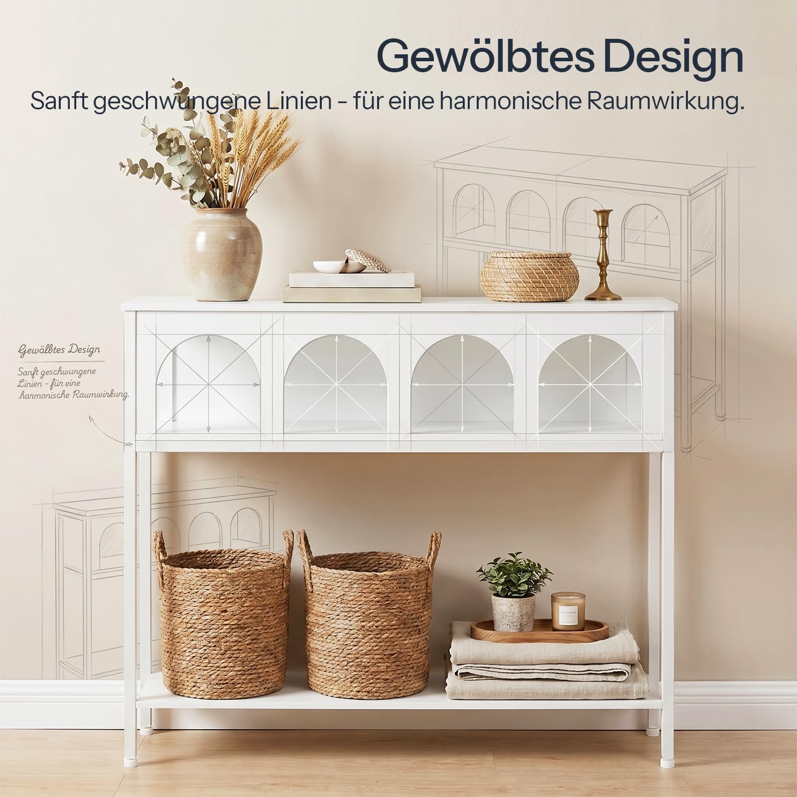 HOOBRO Schmaler Konsolentisch mit Bogendesign, Eingangstisch mit 3 Ablagen, Konsolentisch im Landhausstil, Beistelltisch, Sofatisch, Metallgestell, Flurtisch für Wohnzimmer, Flur, Weiß EWW106XG01