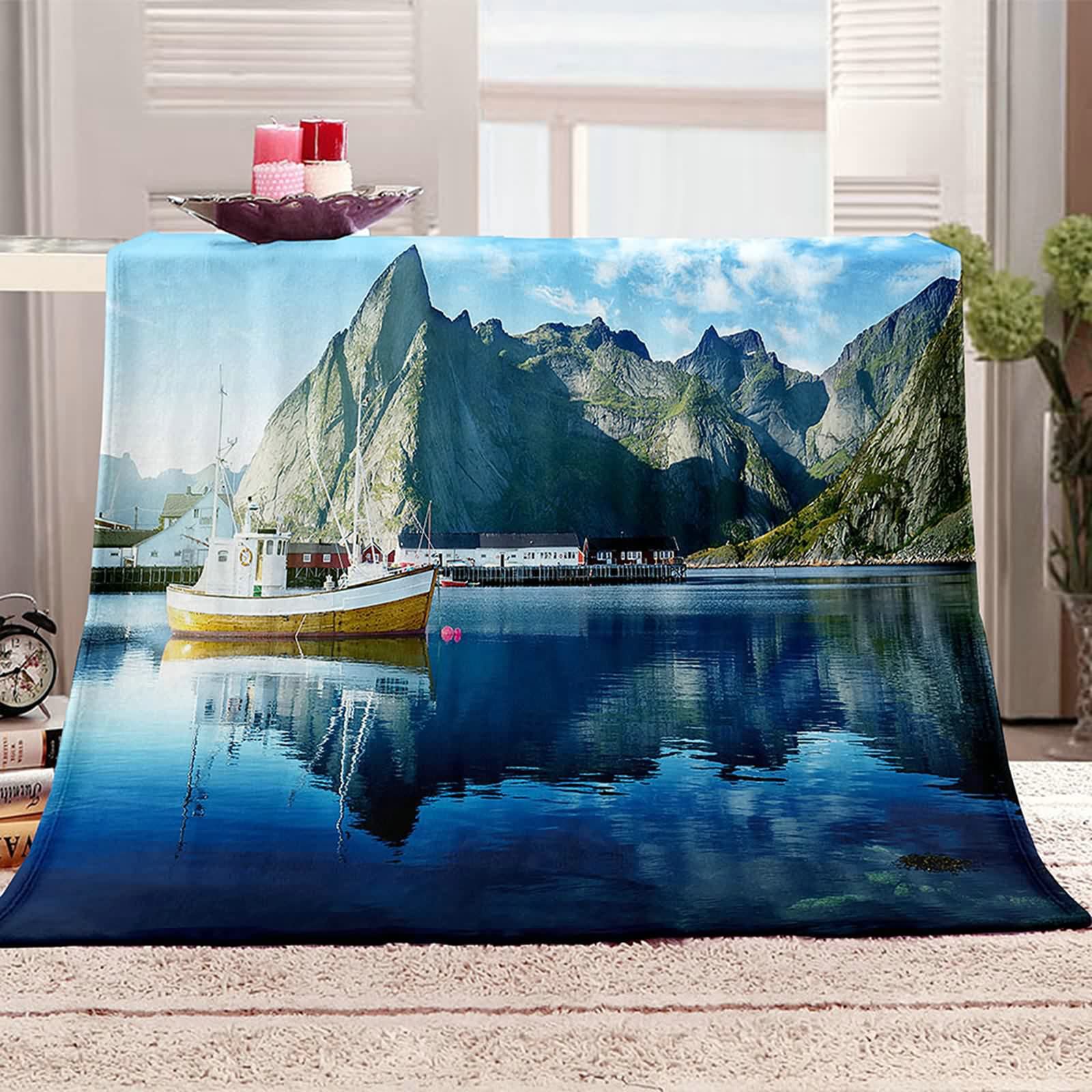 Aeici Couverture Polaire, Couverture Enfant Polaire Couverture 180x200 cm Lac Bateau Montagne Couverture de Canapé Cadeau pour Adultes et Enfants