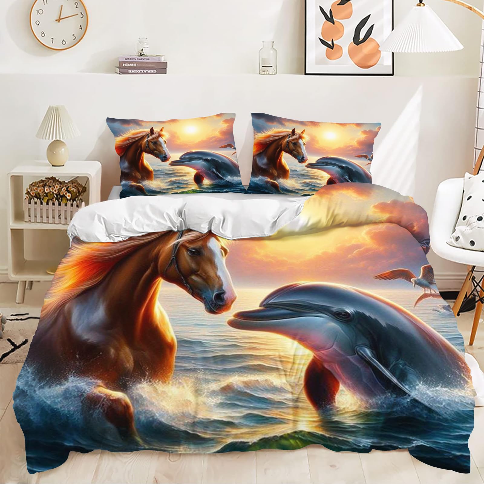 KIDSLOVE Pościel z delfinem 135 x 200 cm, poszewka na kołdrę dla dzieci, urocze zwierzęta, delfiny, zestaw pościeli z nadrukiem 3D, 100% mikrofibra, poszewka na kołdrę (8, 220 x 260 cm, 50 x 75 x 2)