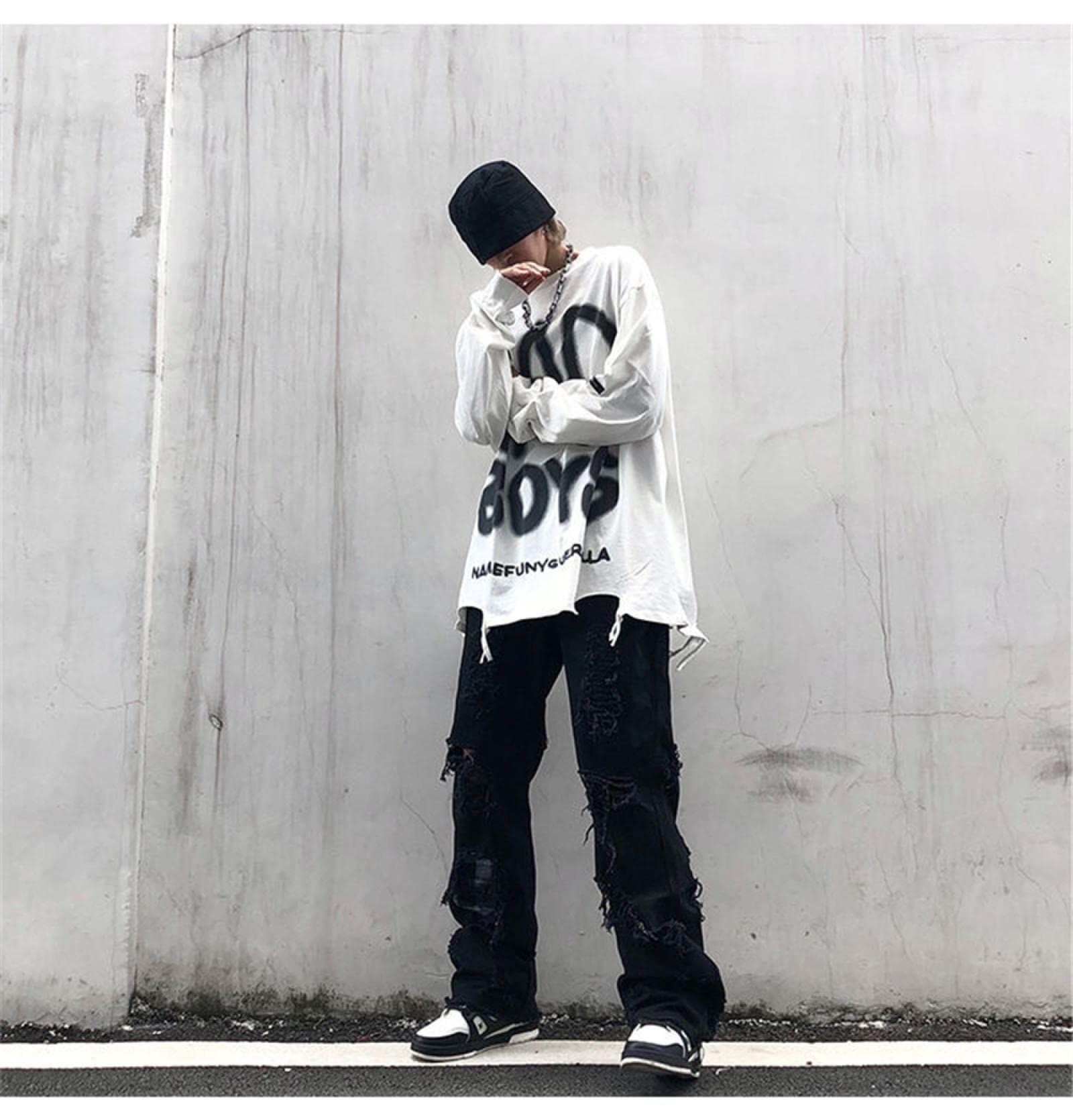 Jeans Herren Jeanshosen Hose Freizeithose Stickerei Jeans Herren Streetwear Loose Destroyed Ripped Jeans Homme Hip Hop Broken Biker Denim Pants Schwarz