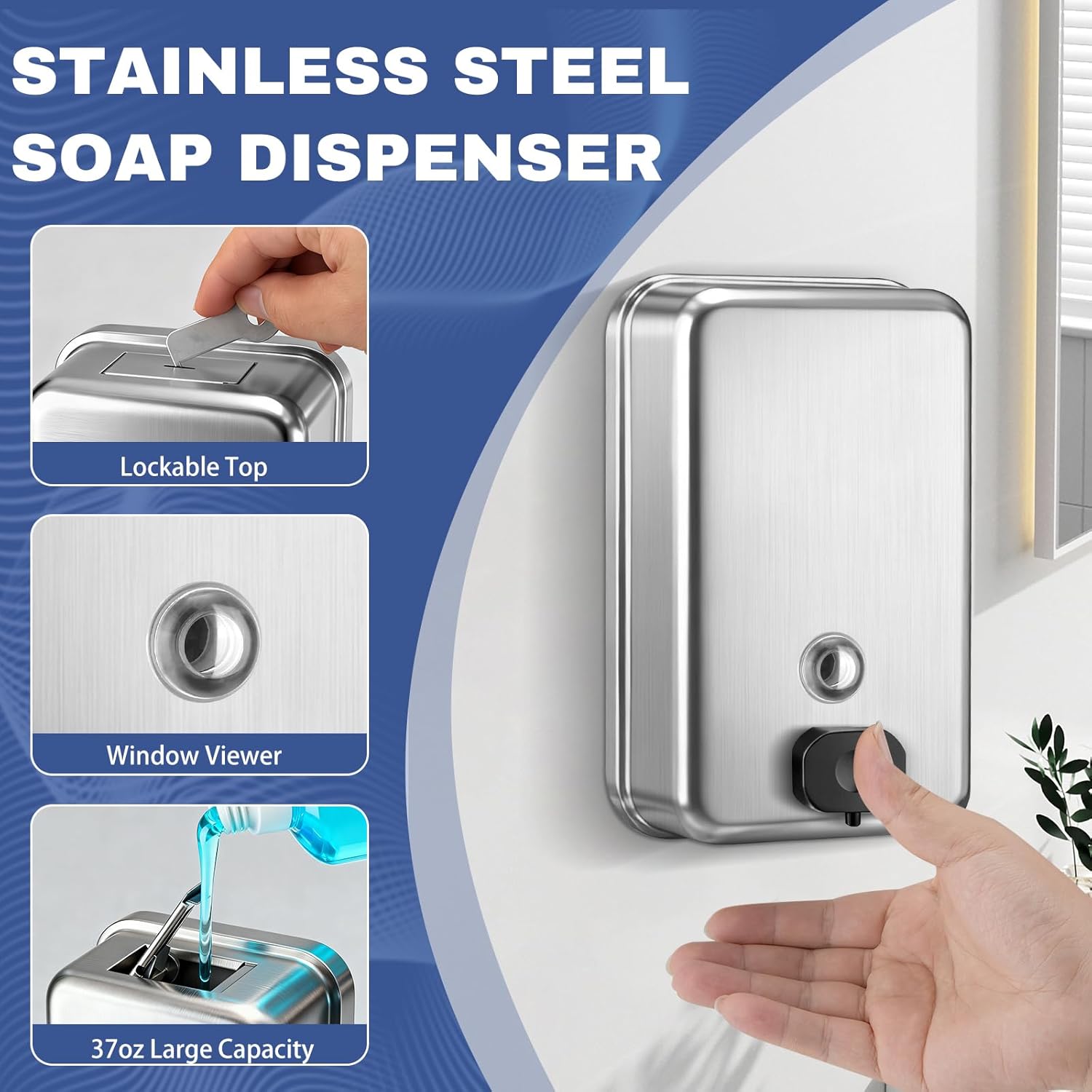 2 Pack Commercial Wall Mount Soap Dispenser 1100ml/37oz Each – Heavy Duty Stainless Steel Liquid Hand Soap Dispenser with Anti-Leak Pump & Corrosion-Proof Liner for Bathroom, Kitchen, Hotel (Vertical) - Image 5