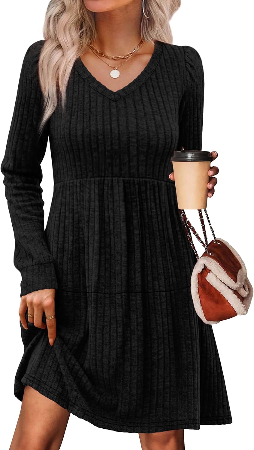 SAMPEEL Womens V Neck Long Sleeve Fall Dresses Baby Doll Casual Sweater Dress Fashion Clothes - Image 2