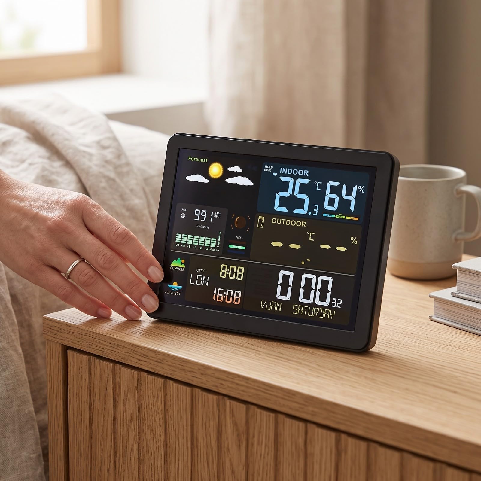 Sxhlseller Wetterstation mit Funk Außensensor, Innen Außenthermometer Hygrometer, Luftdruck Mondphase Gezeitendaten Dual Alarm 12 24 Std for Zuhause Büro