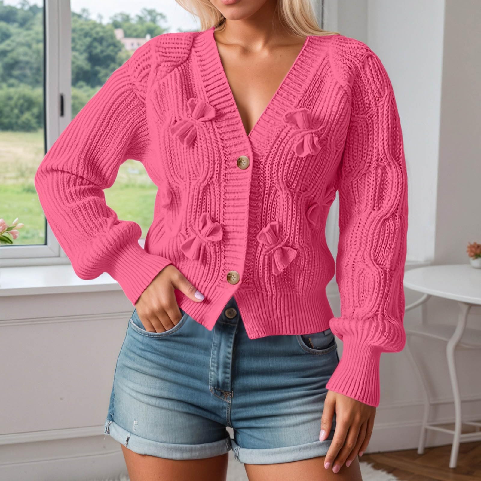 Strickjacke Damen europäischer Stil langärmelig mit Schleife vorne offen lässige Oberbekleidung weich bequem modischer Cardigan Strickpullover Übergangsjacke