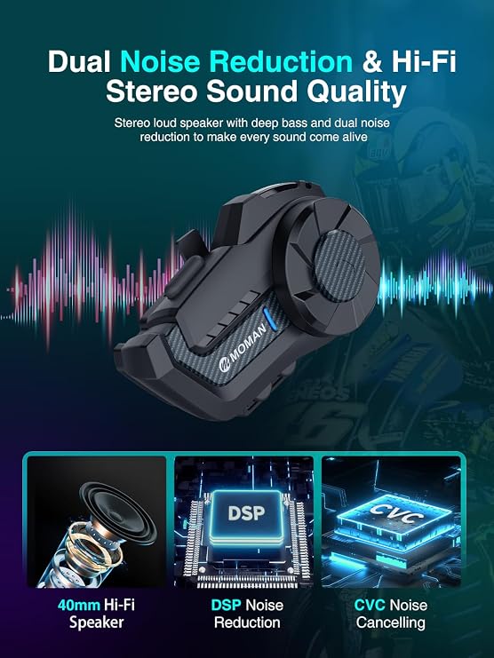 Moman Motorcycle Intercom, 2-Way Intercom Communication Systems, FM Music Sharing, Hi-Fi Stereo, CVC Noise Cancellation, Waterproof BT5.1 Group Helmet Speaker Headset, for Dirt Bike/ATV (H2Pro 2 Pack)