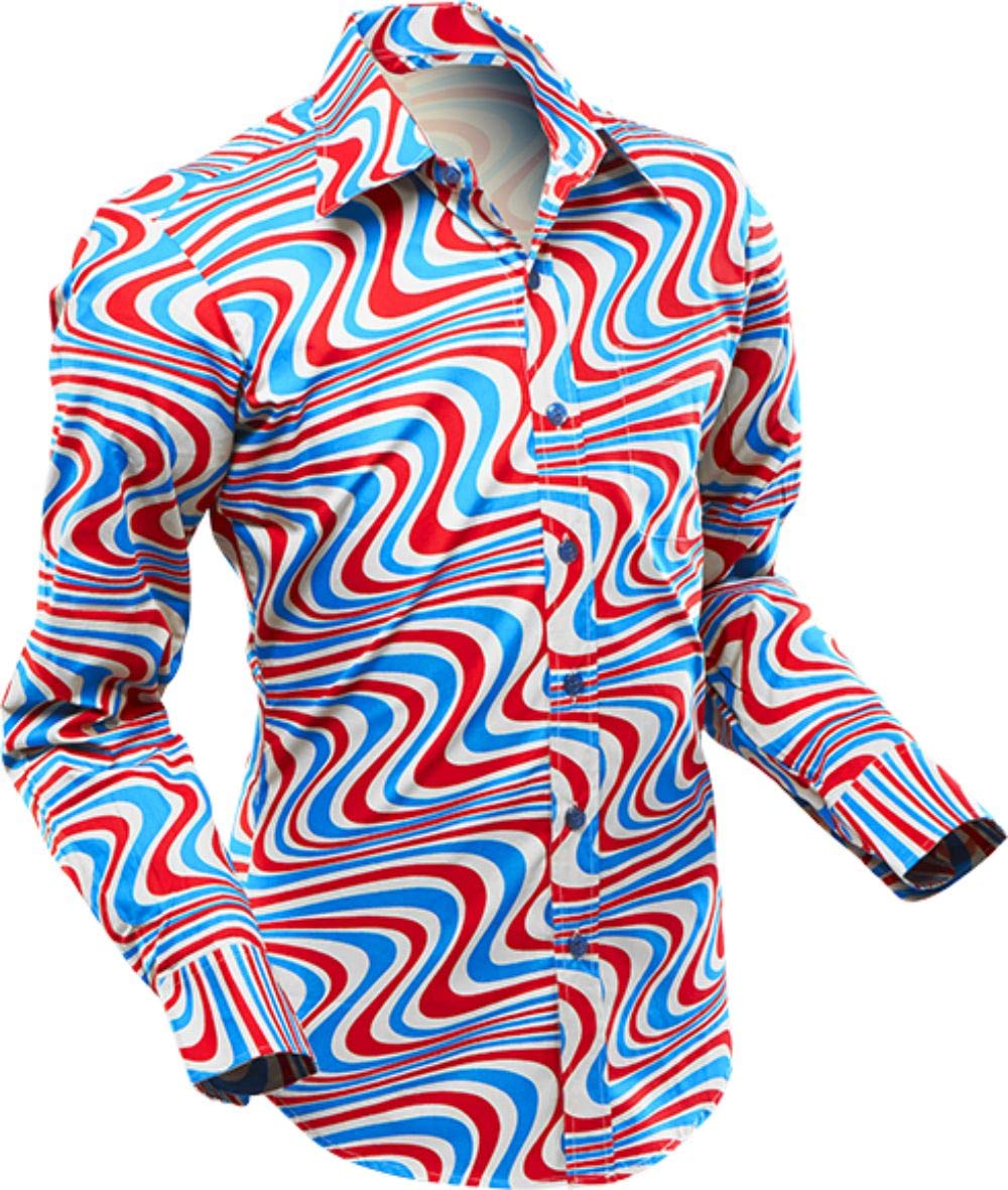 Chenaski 70er Jahre Hemd Wavyline Grey-Petrol-red Size S