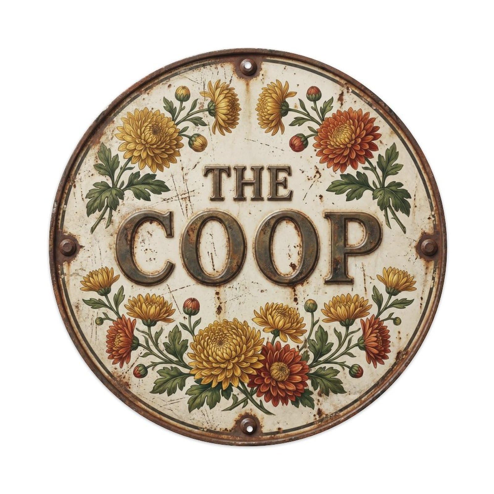 Coop Chrysanthemum Botanical Floral Farmhouse Label Metal Tin Sign