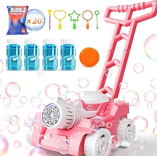 Bubble Lawn Mower, Bubble Blower Machine, Automatic Bubble Mower with Lights, Baby Push Toy, Bubbles for Kids Toddler Preschool Indoor Outdoor Birthday Party – Pink Bubble Makers