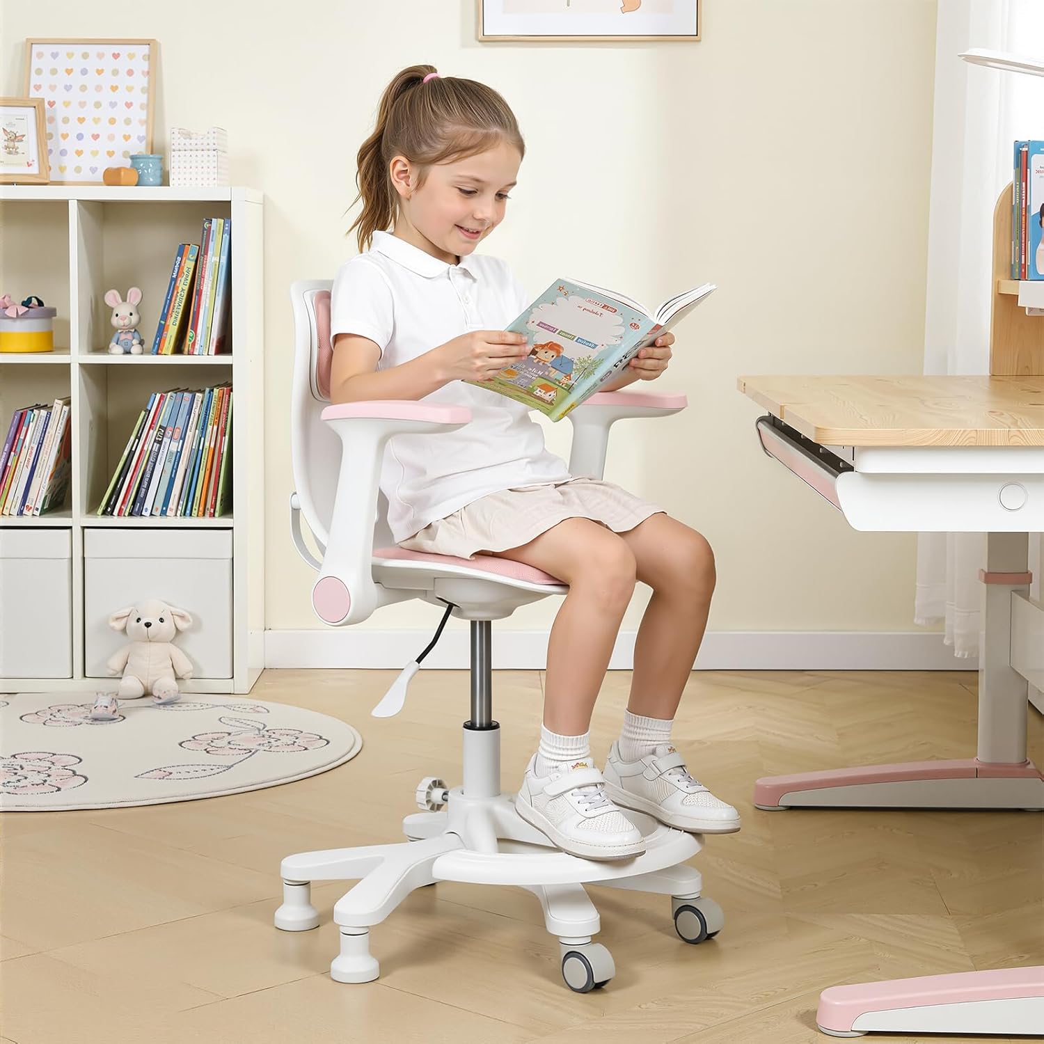 Kids Desk Chair,Ergonomic Swivel Study Chair with Adjustable Armrests & Footrest,Height Adjustable Computer Chair for Children Ages 5-12,Rolling Office Chair for Bedroom Homework Learning Room (Pink)