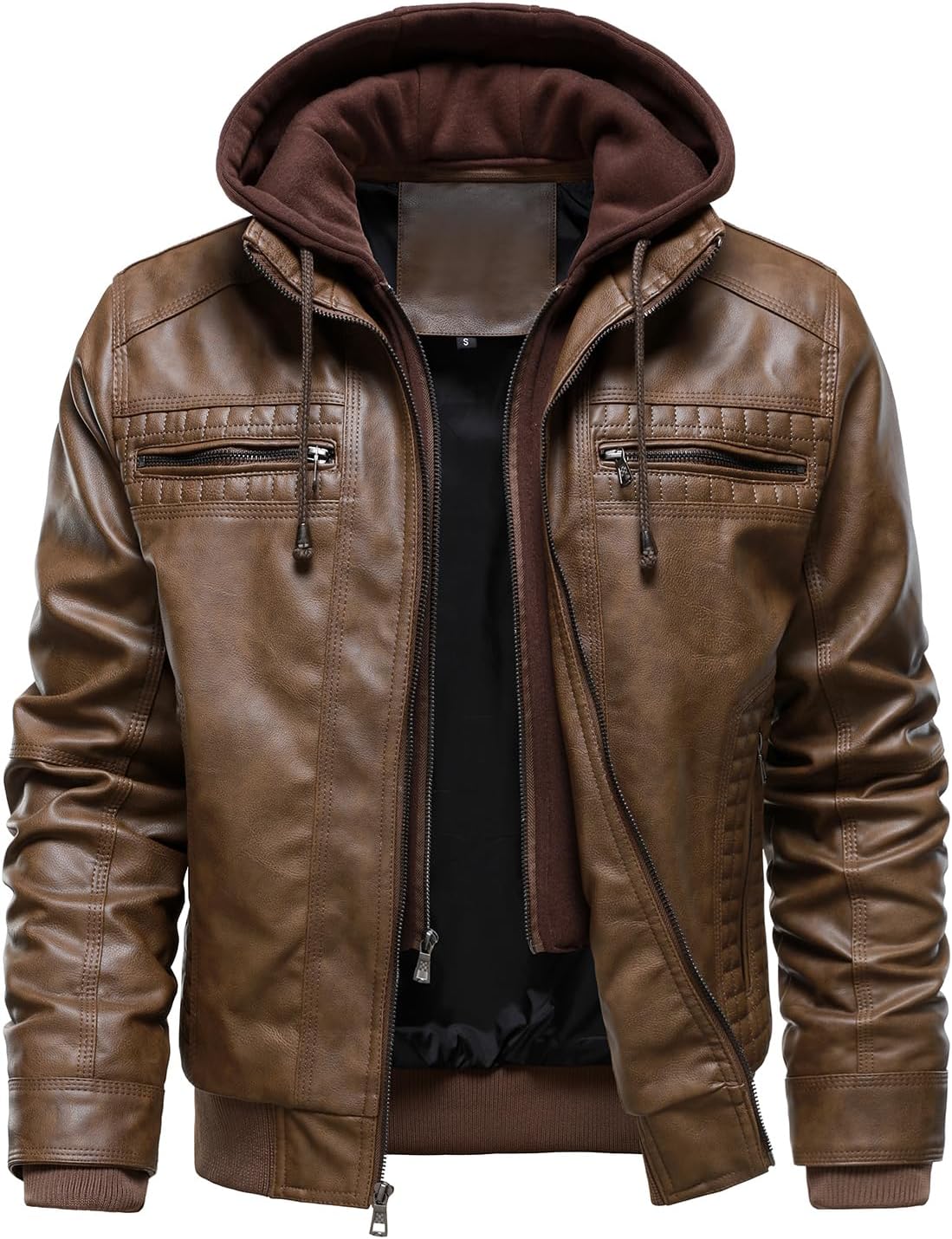 HOOD CREW Men Faux Leather Jacket with Detachable Hood Casual Motorcycle Bomber Jackets Outerwear