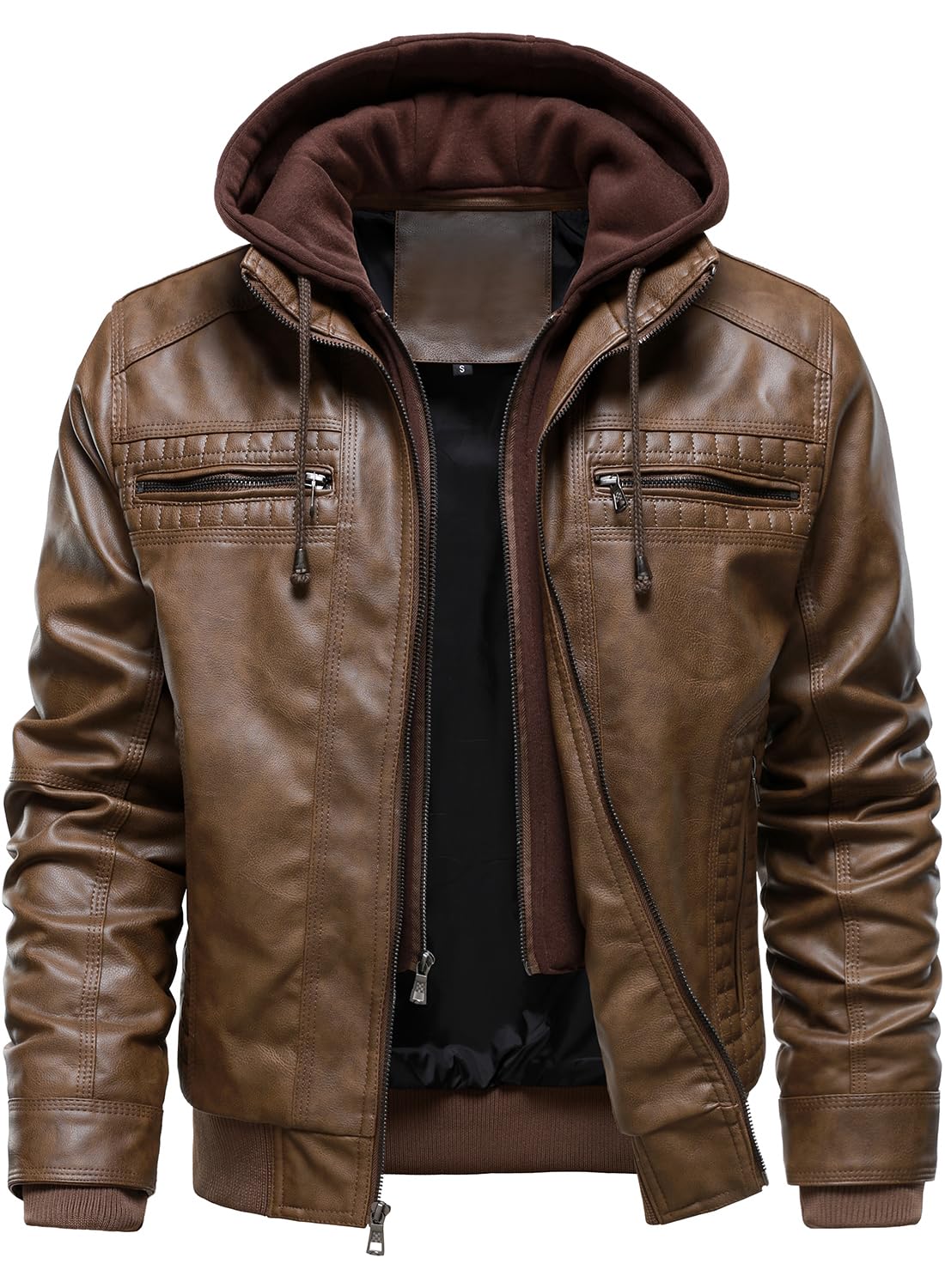 HOOD CREW Herren Kunstlederjacke mit Kapuze Lässige Motorrad Bomberjacke Winddichte Lederjacke