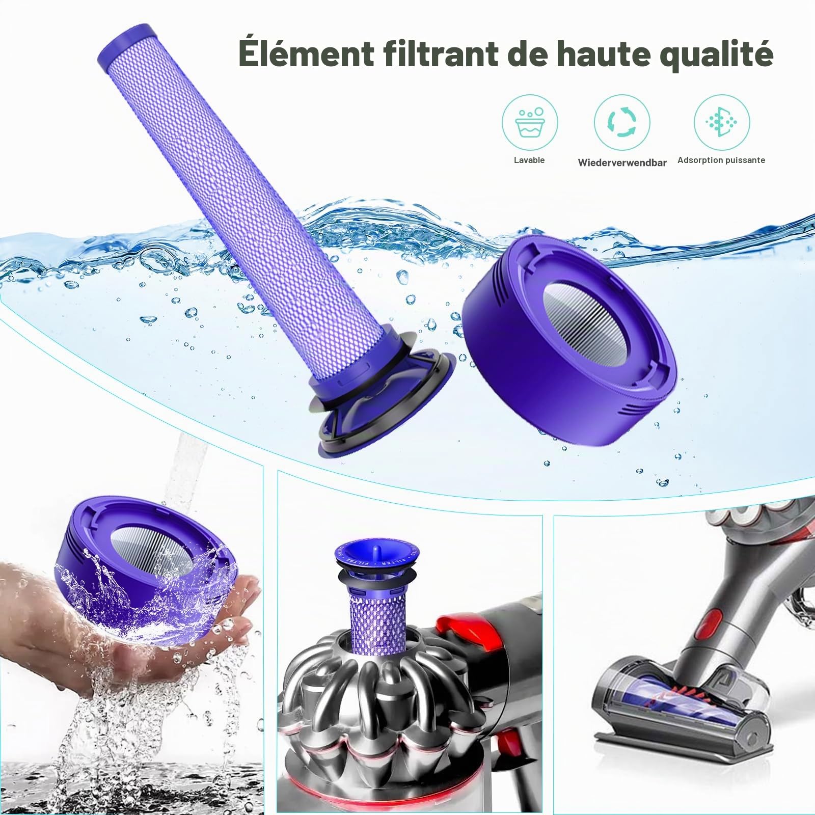 Batterie pour Dyson V8 / Absolute/Animal/Fluffy/Motorhead/Absolute Pro SV10 aspirateur sans Fil Chargeur aspirateur Portable Batterie de Rechange avec Grande capacité (+2 Filtre Post)