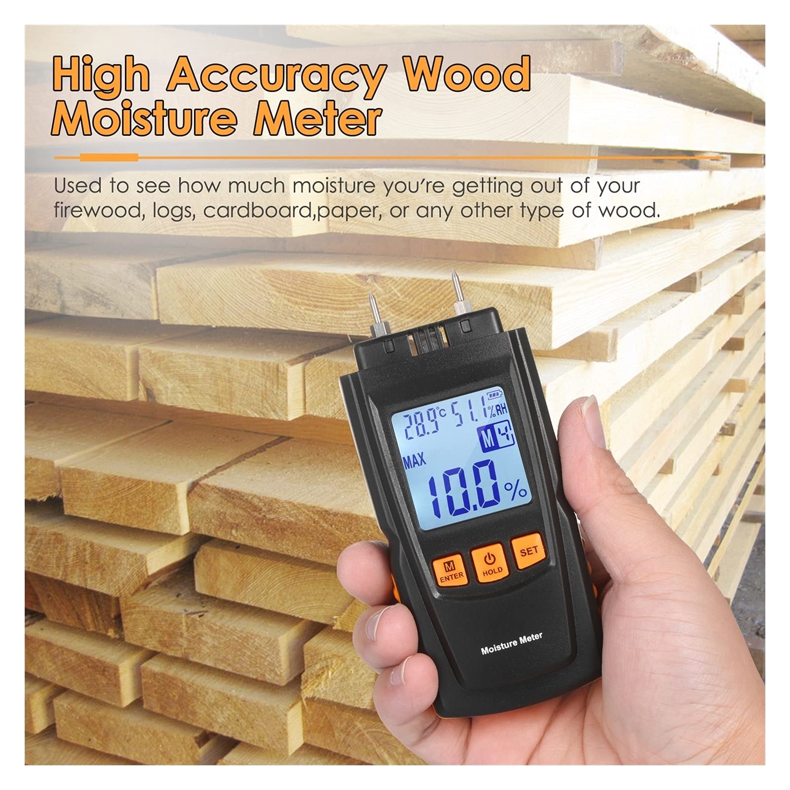 Igrometro Digitale 3-in-1 Misuratore di umidità in legno Legna da ardere Acqua Contenuto Ambient Temperatura + Umidità + Tester in