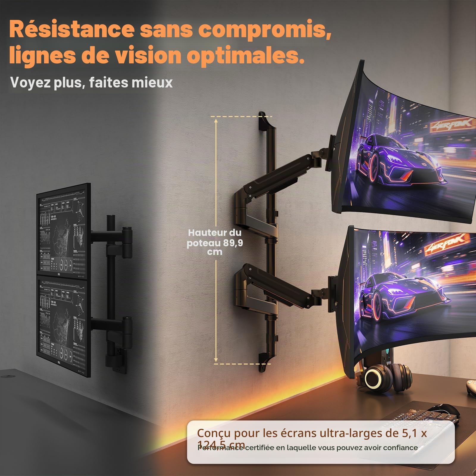 PUTORSEN Support Mural Double Bras pour écrans 17-49 Pouces, Bras Articulé Réglable à Ressort à Gaz,Charge Max 20kg par Bras,VESA 75x75/100x100,Solution Gain de Place pour Bureau et Maison, Noir