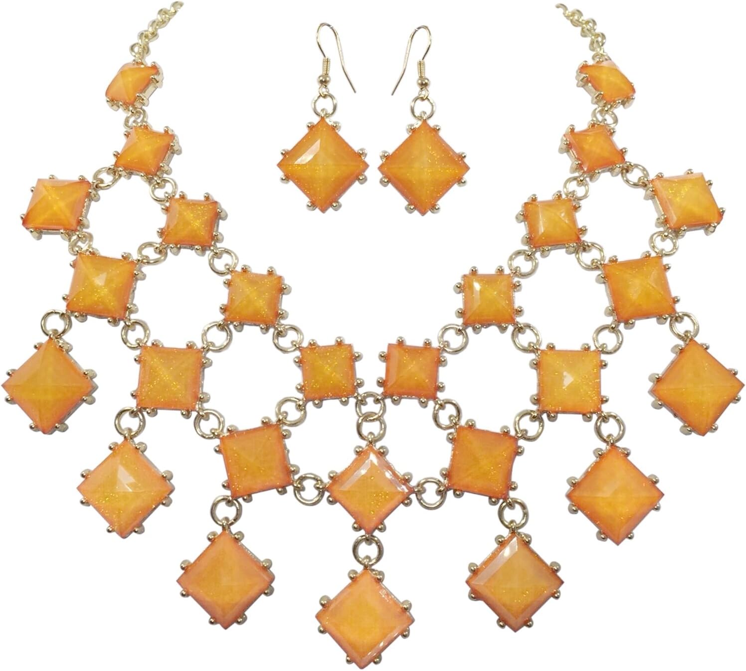 Gypsy Jewels Glitter Resin Squares Gold Tone Bib Statement Necklace & Dangle Earrings Set