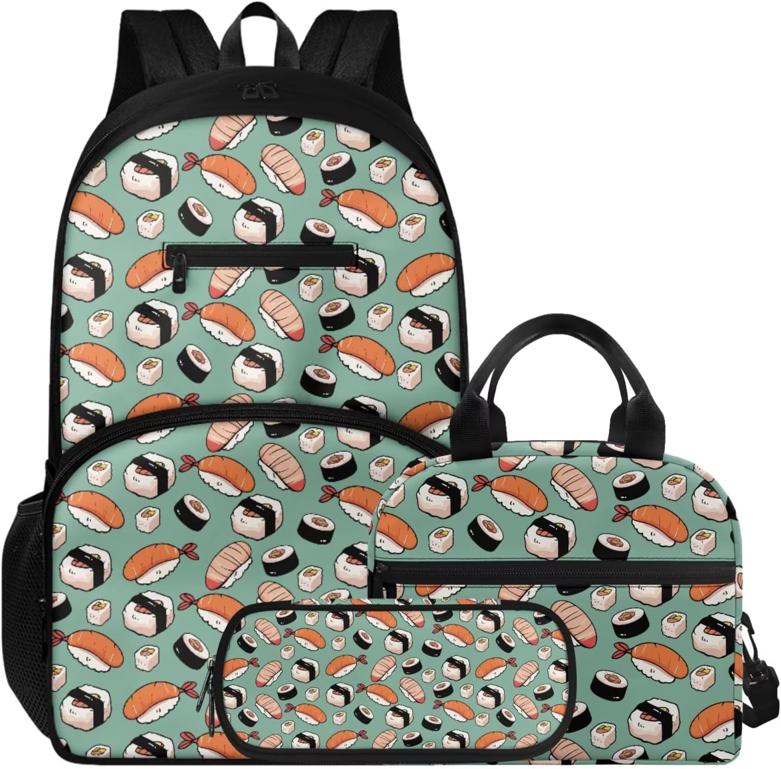 16.9 Inch School Backpack Set with Lunch Box & Pencil Pouch, Lightweight Large Capacity Backpack, Tote Bag with Shoulder Strap, Ideal for Students & Travel, Creative Cartoon Sushi Print