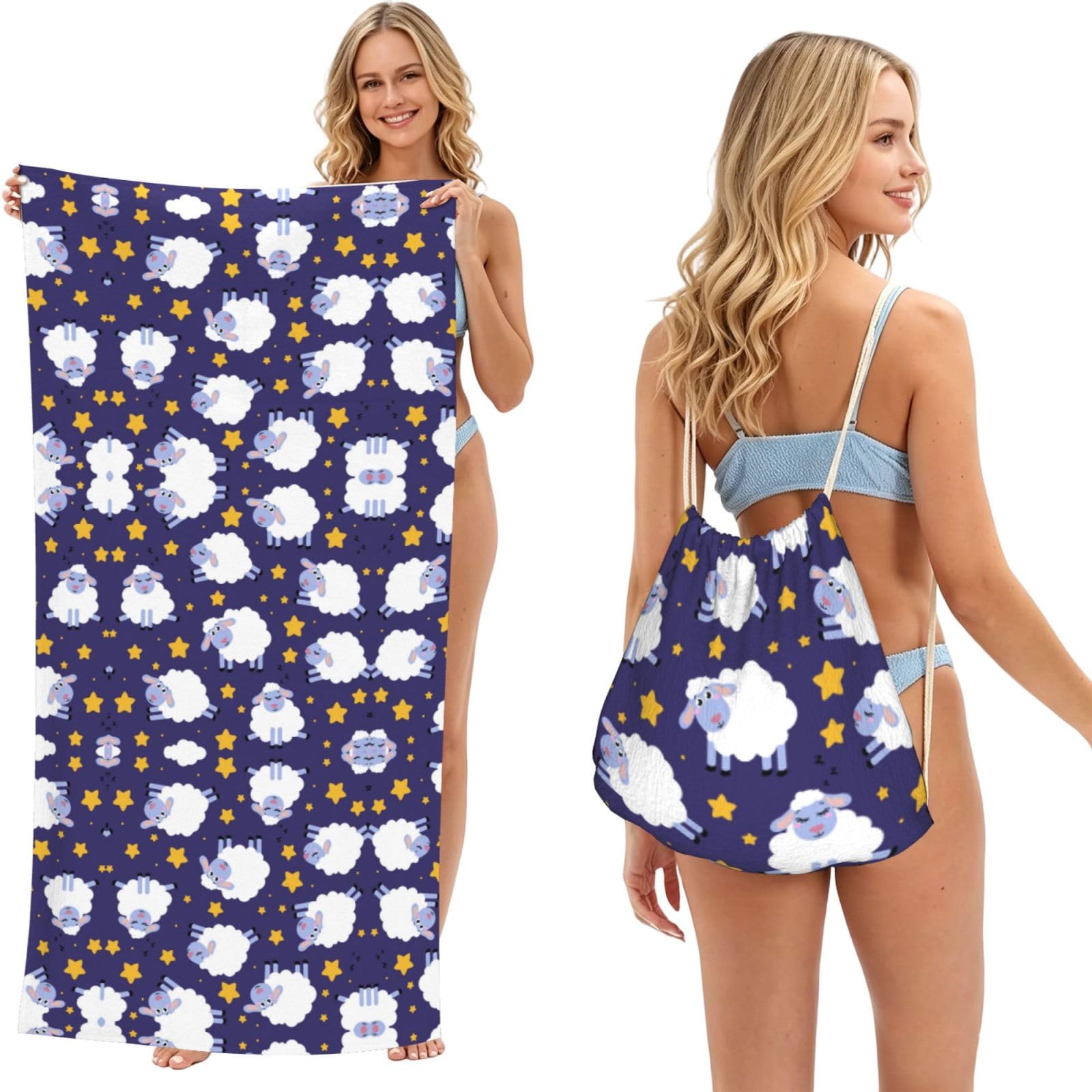 ESNAIUVCD Sheep Print Beach Towel For Adults,Towel With Drawstring Bag, Travel Pool Swimming Sports Shower Sand Free Quick Dry Bath Towel For Pool, Beach, Yoga- 180x60cm