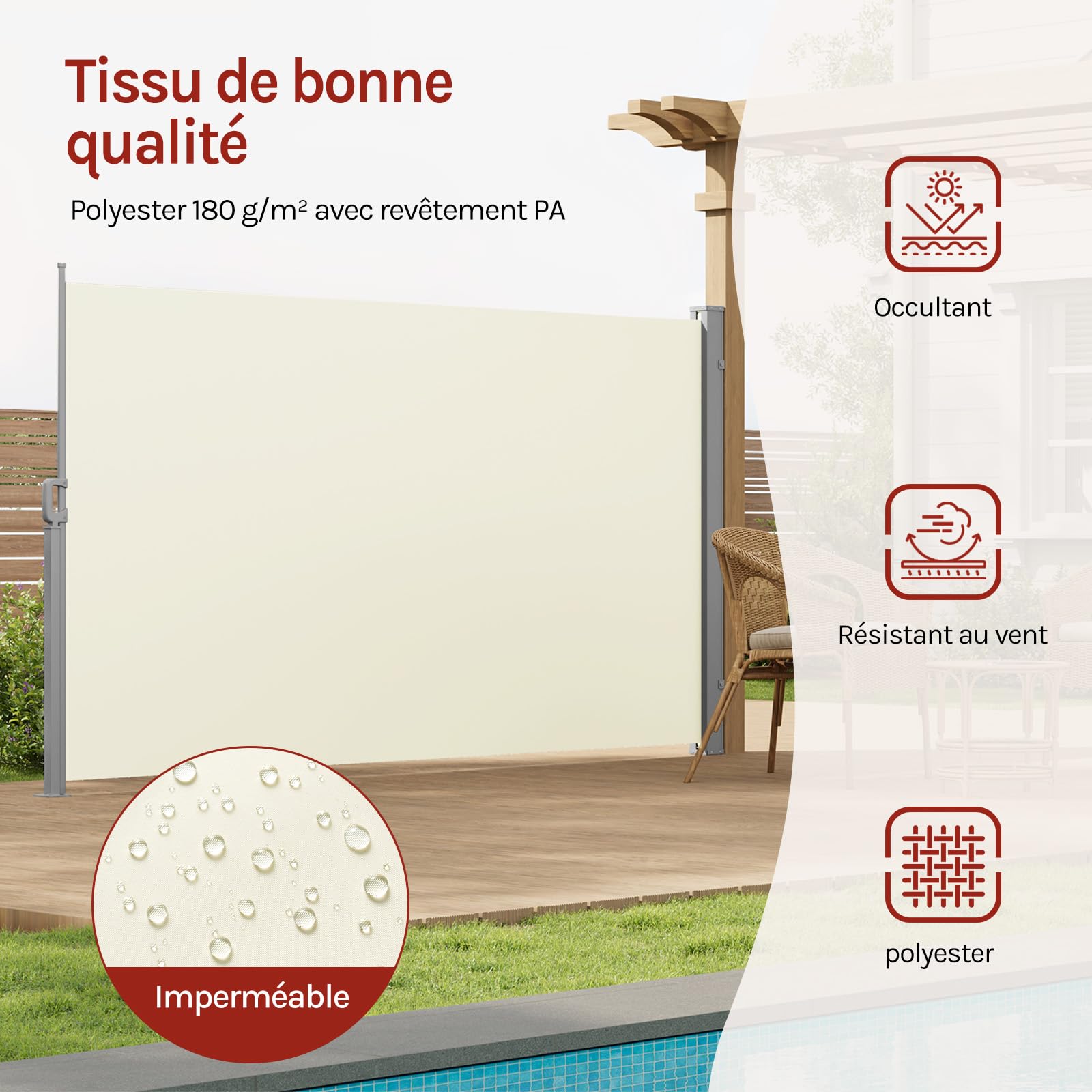 WOLTU Paravent Extérieur, Store Latéral Rétractable, 160x350 cm, Brise Vue, Protection Solaire & Protection Contre Le Vent, pour Jardin, Balcon, Terrasse, Patio, Crème