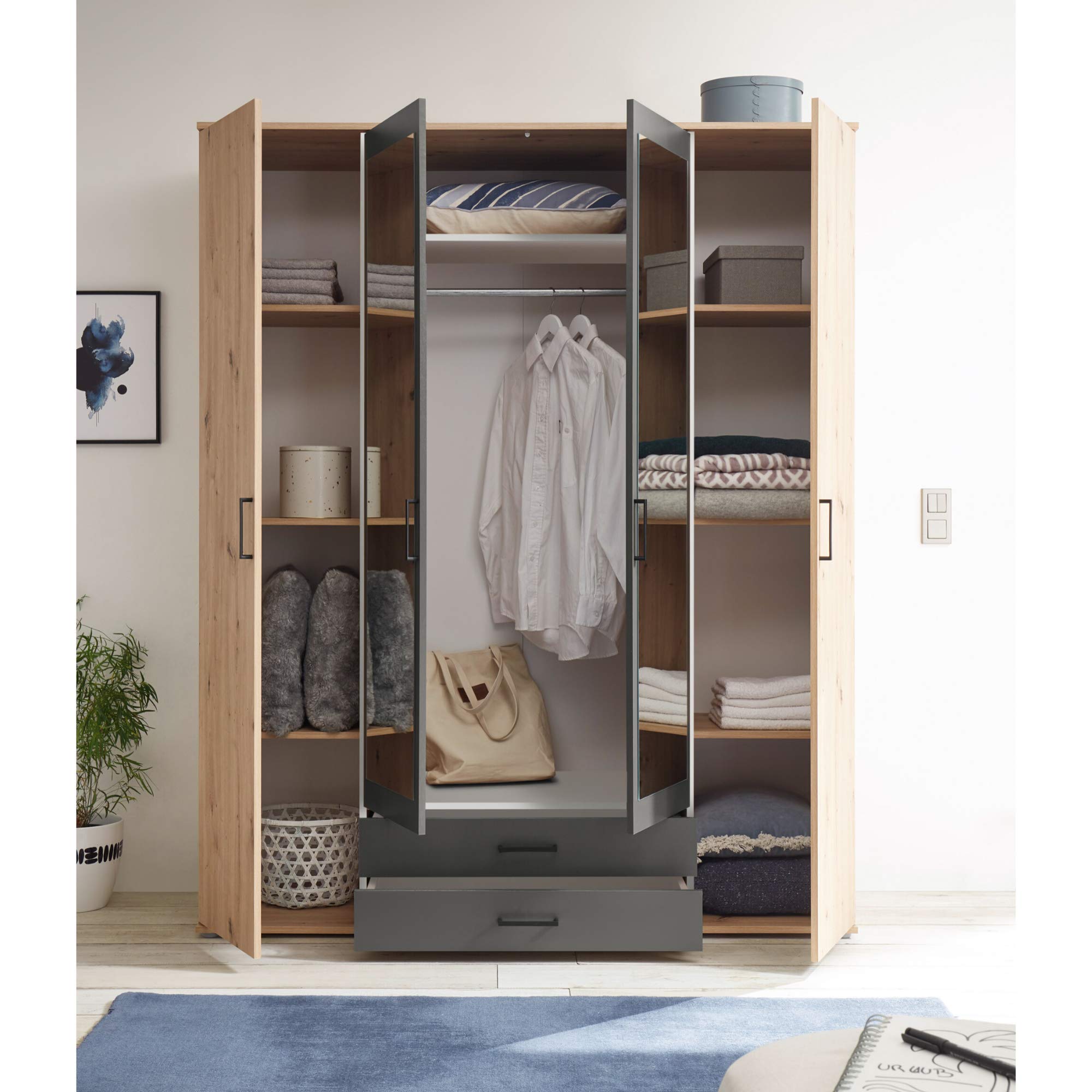 Stella Trading CHICAGO Eleganter Kleiderschrank mit viel Stauraum - Vielseitiger Drehtürenschrank in Artisan Eiche Optik und Absetzungen in Anthrazit - 156 x 197 x 54 cm (B/H/T)